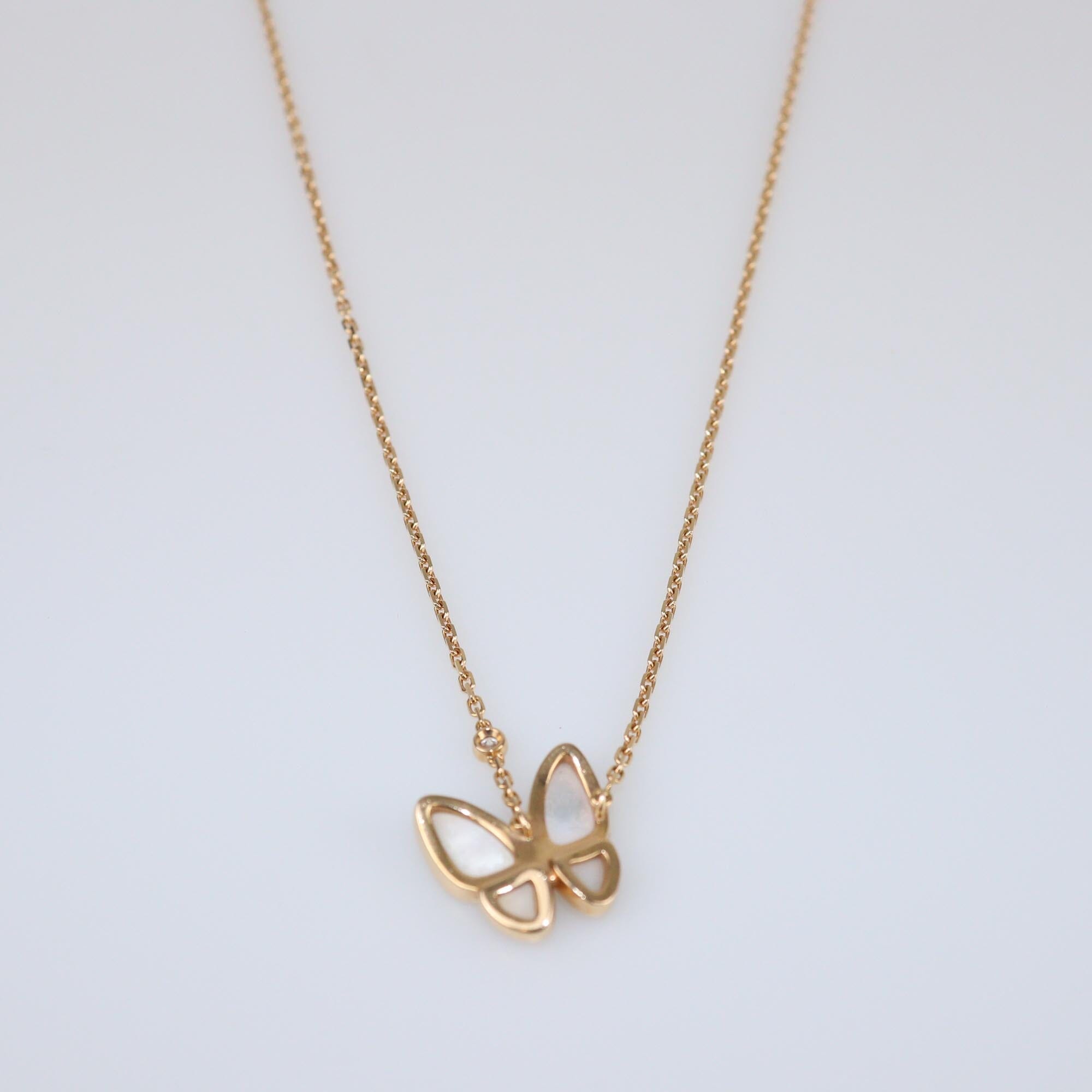 Van Cleef & Arpels Two Butterflies Mother of Pearl Diamond 18k Rose Gold Necklace Womens Van Cleef & Arpels