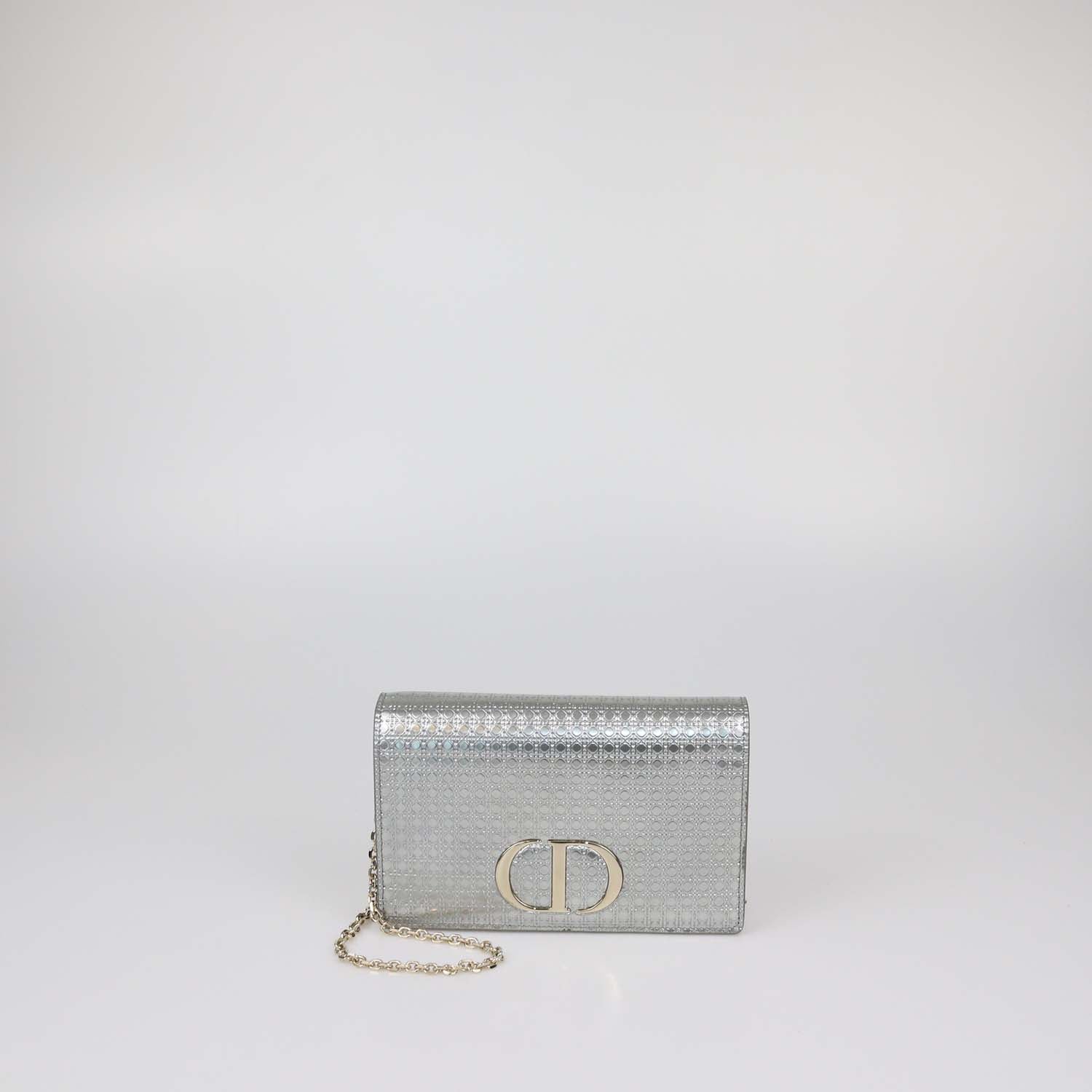 Christian Dior Metallic Grey Micro Cannage Patent Leather 2 in 1 30 Montaigne Pouch