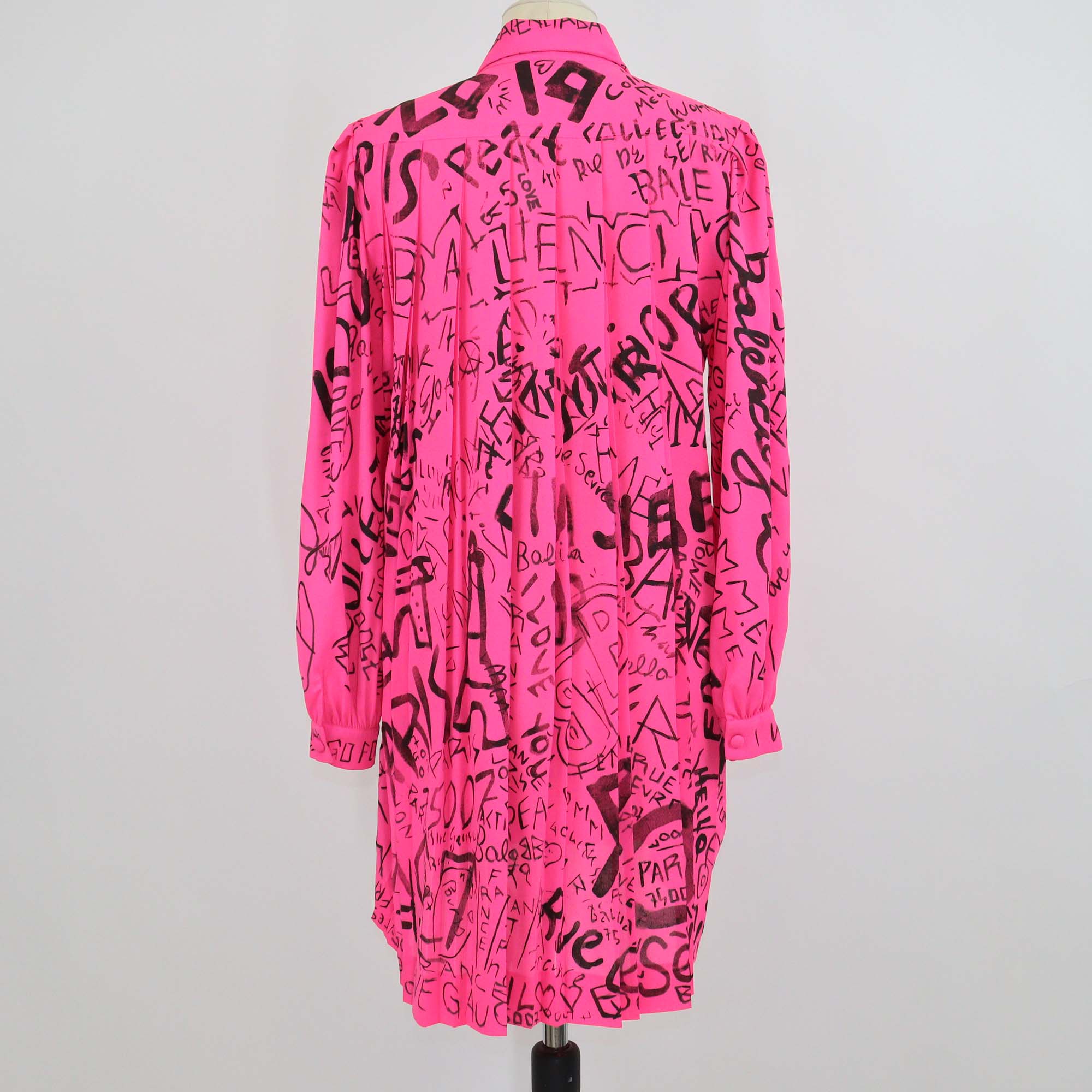 Balenciaga Pink Graffiti Pleated Neck Tie Mini Dress
