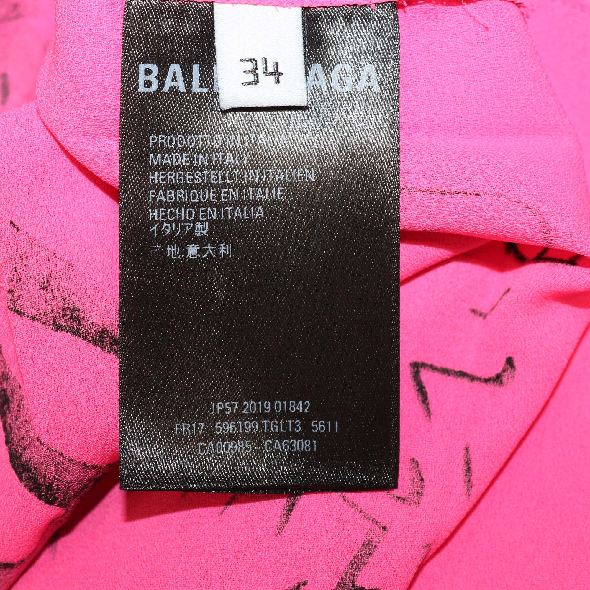 Balenciaga Pink Graffiti Pleated Neck Tie Mini Dress