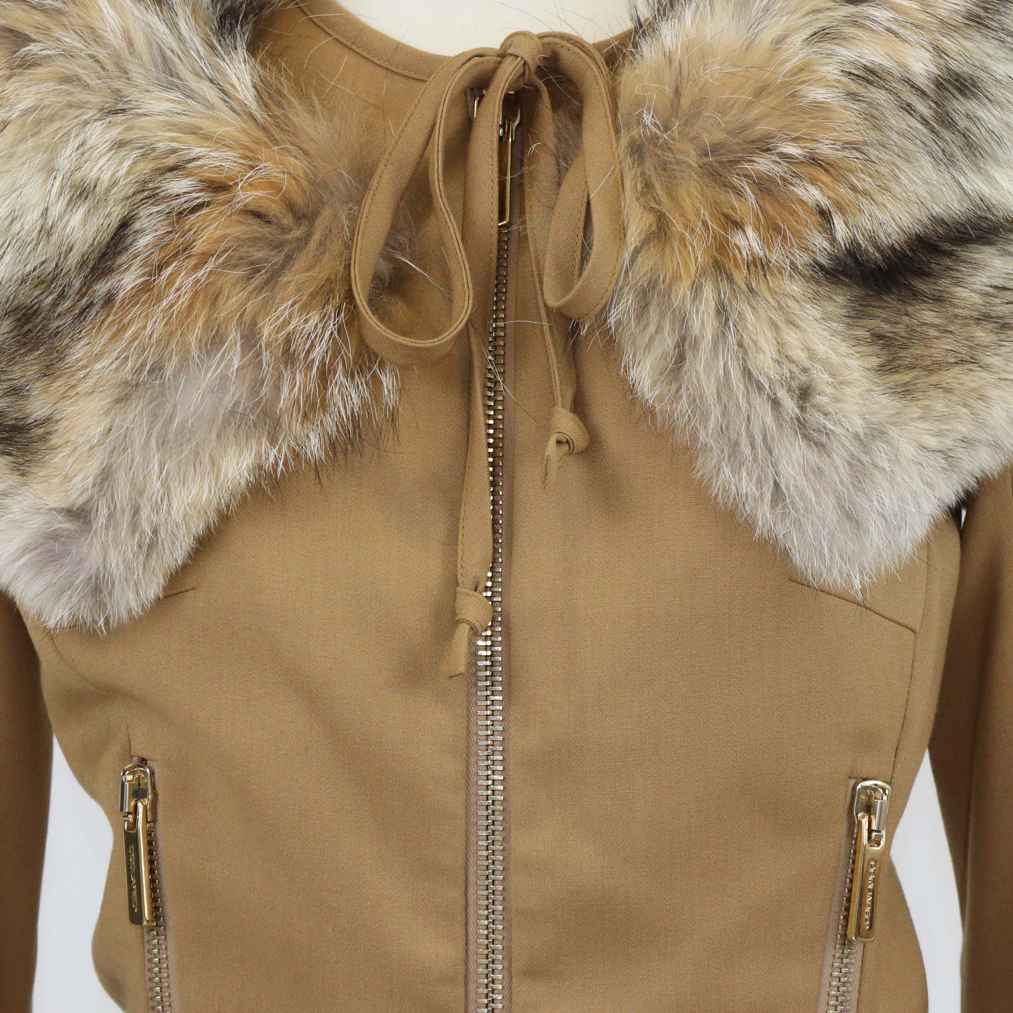 Dsquared2 Brown Blend Wool Double Zip Pocket Fur Collar Jacket