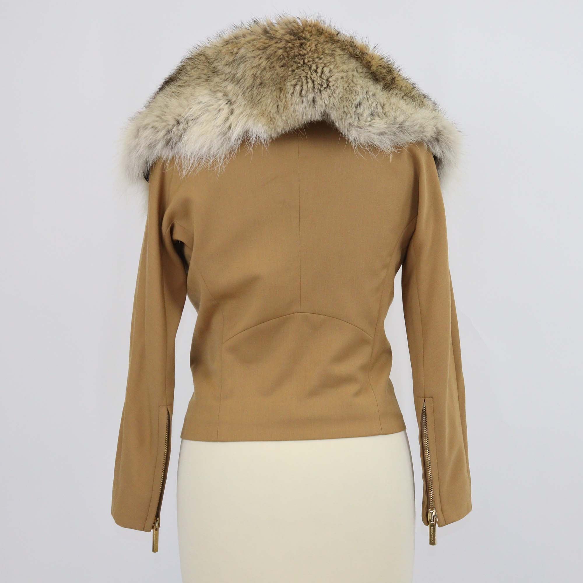 Dsquared2 Brown Blend Wool Double Zip Pocket Fur Collar Jacket