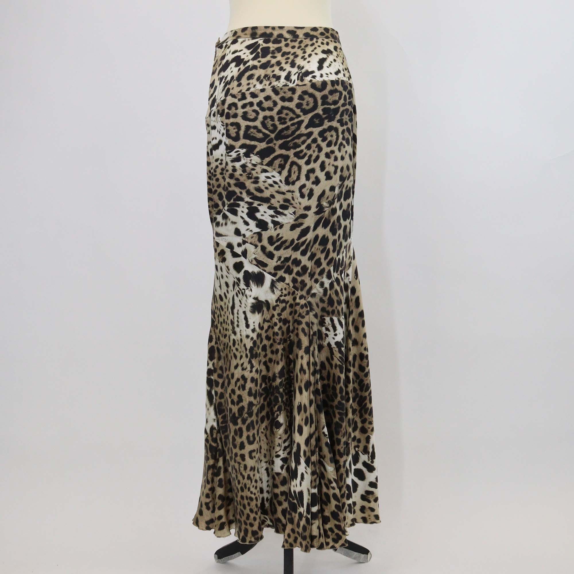 Roberto Cavalli Brown/Black Silk Leopard Print Flared Maxi Skirt