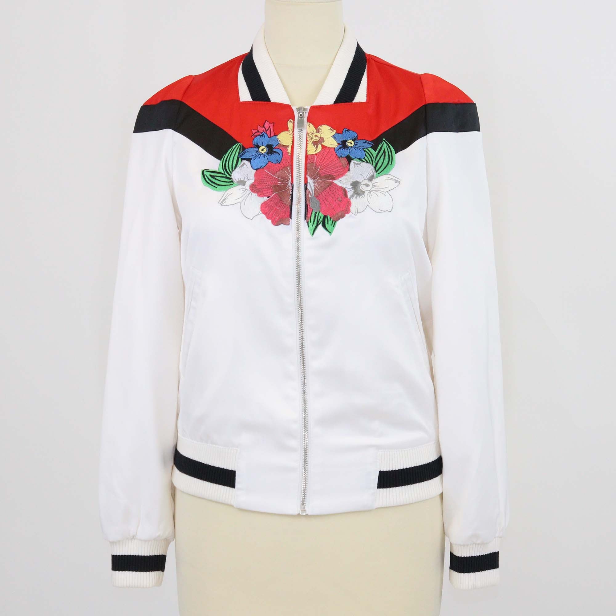 Maje White/Multicolor Polyester Floral Embroidered Bomber Jacket