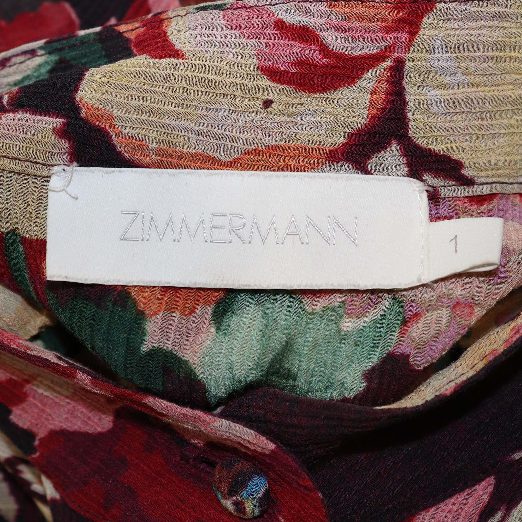 Zimmermann Burgundy/Multicolor Cotton & Silk Floral Print Shirred Maxi Dress