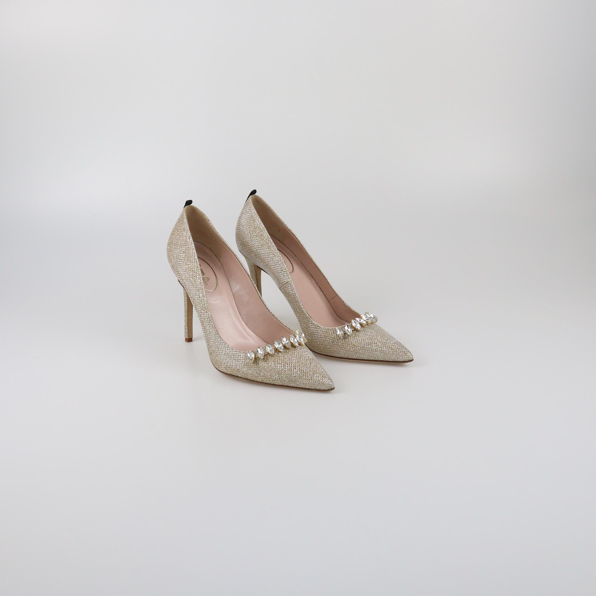SJP Sarah Jessica Parker Gold Crystal Embellished Pointed Toe Pumps Womens SJP Sarah Jessica Parker