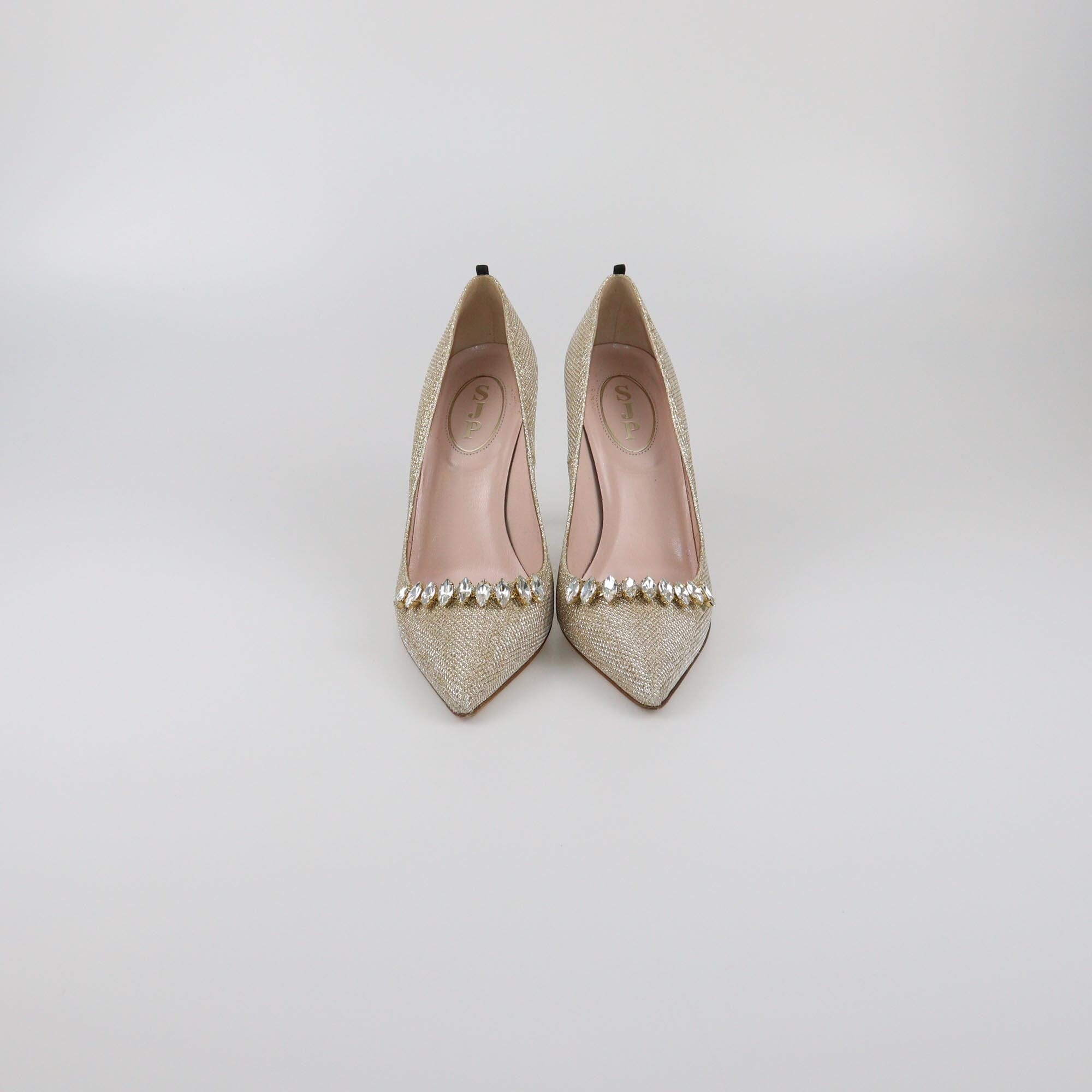 SJP Sarah Jessica Parker Gold Crystal Embellished Pointed Toe Pumps Womens SJP Sarah Jessica Parker