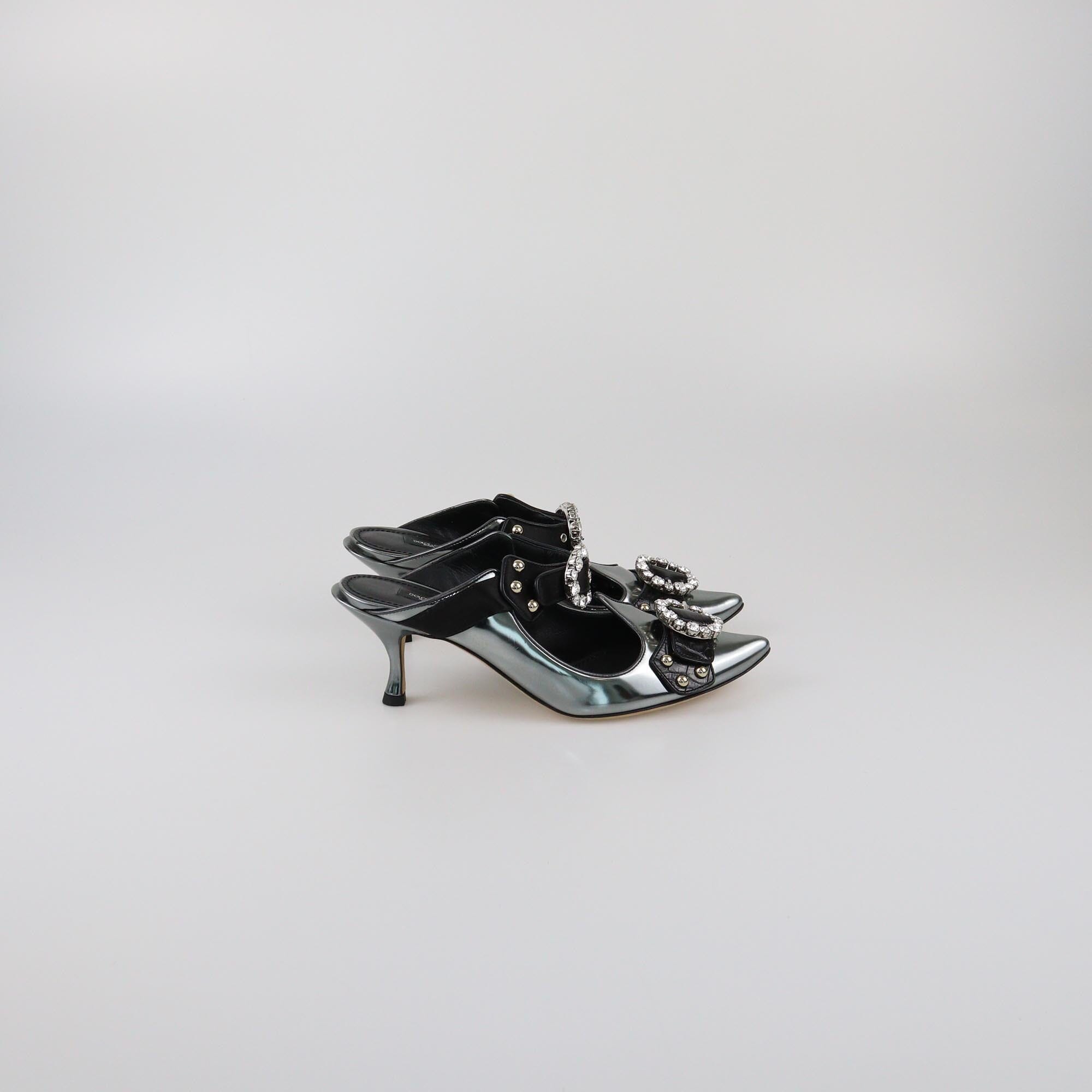 Dolce & Gabbana Metallic/Black Crystal Embellished Cutout Mules Womens Dolce & Gabbana
