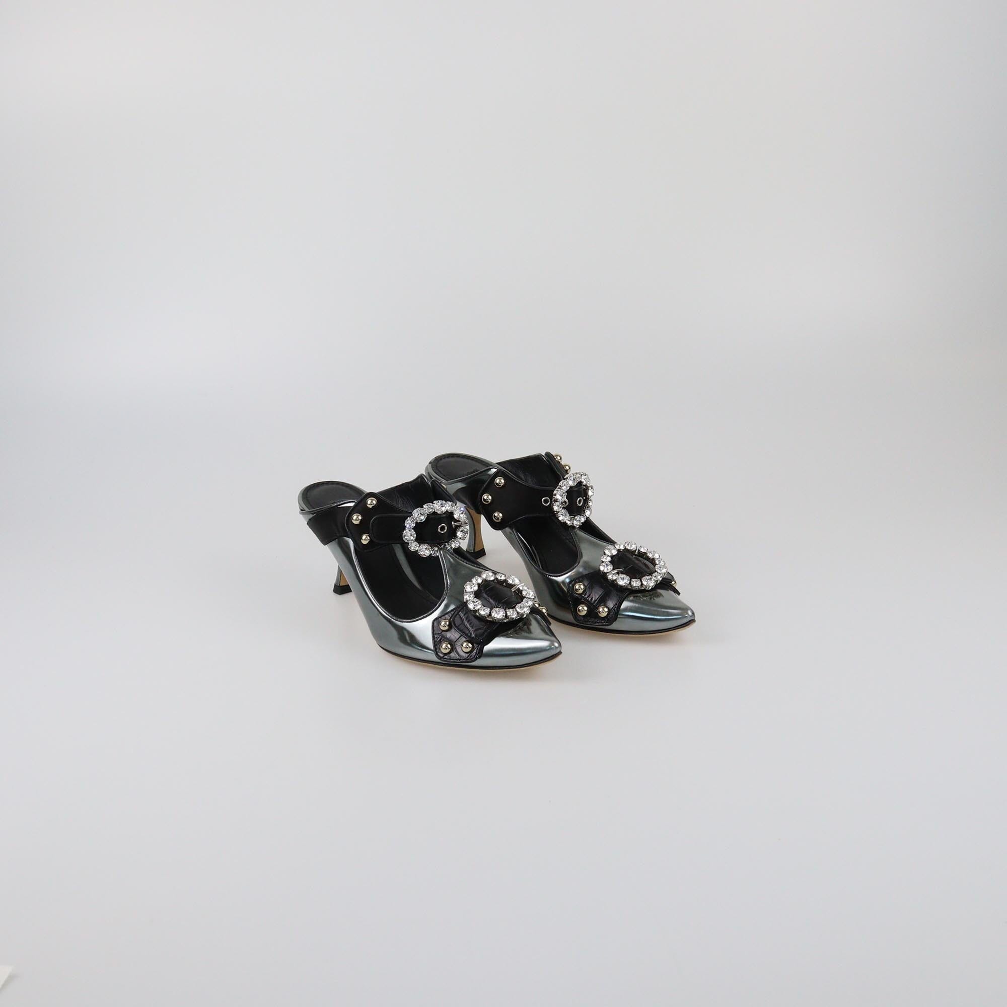 Dolce & Gabbana Metallic/Black Crystal Embellished Cutout Mules Womens Dolce & Gabbana