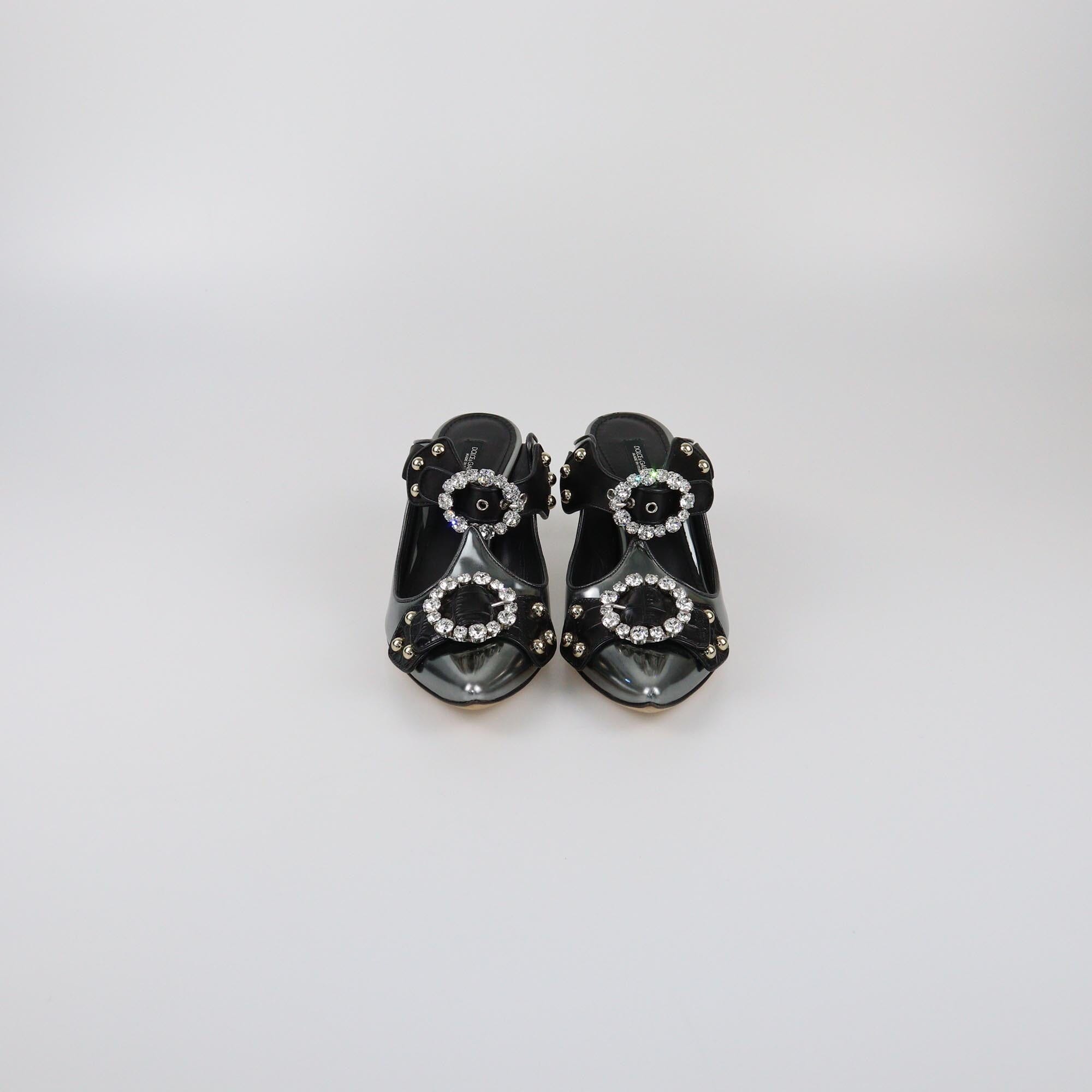 Dolce & Gabbana Metallic/Black Crystal Embellished Cutout Mules Womens Dolce & Gabbana
