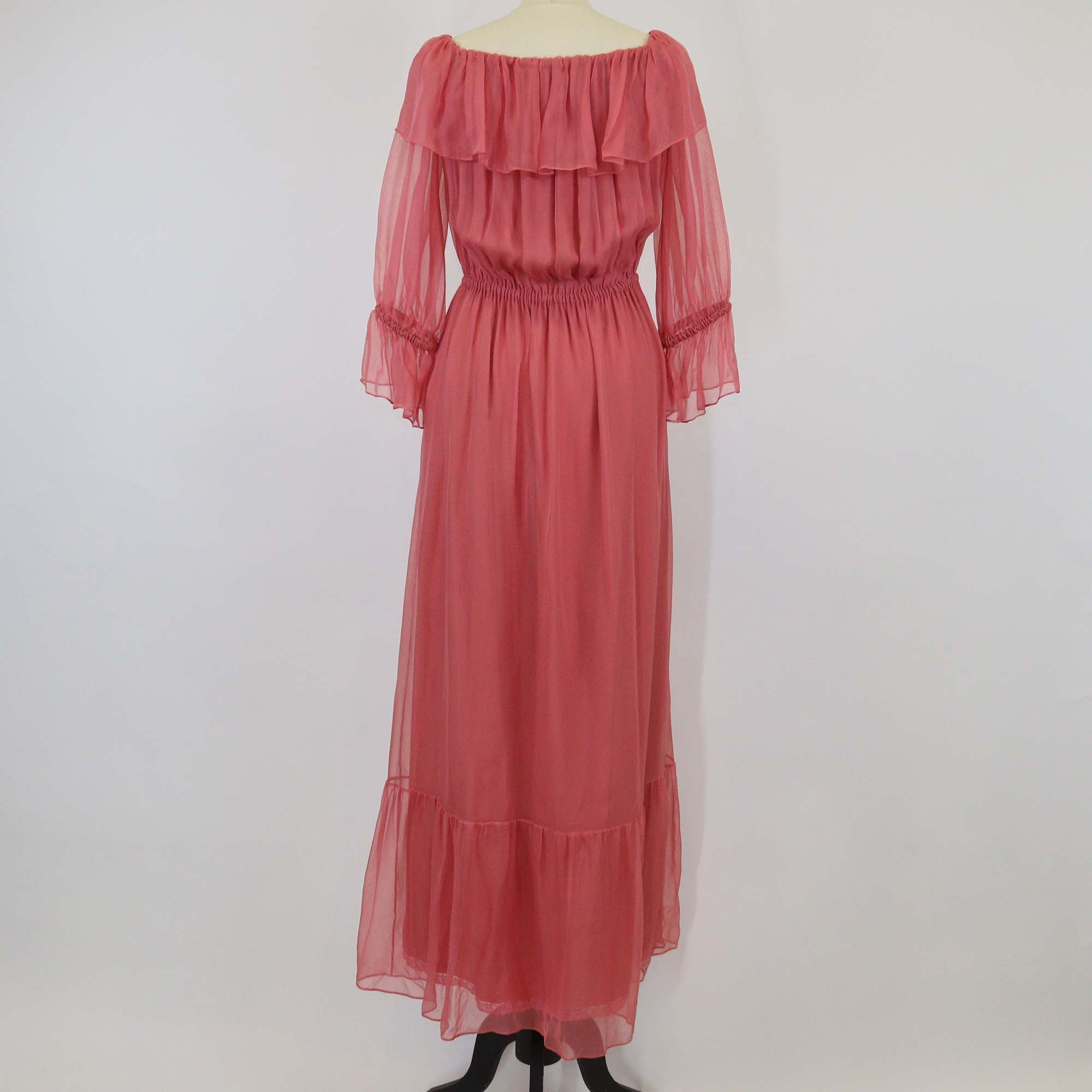 Gucci Tulip Pink Silk Chiffon Off Shoulder Maxi Dress
