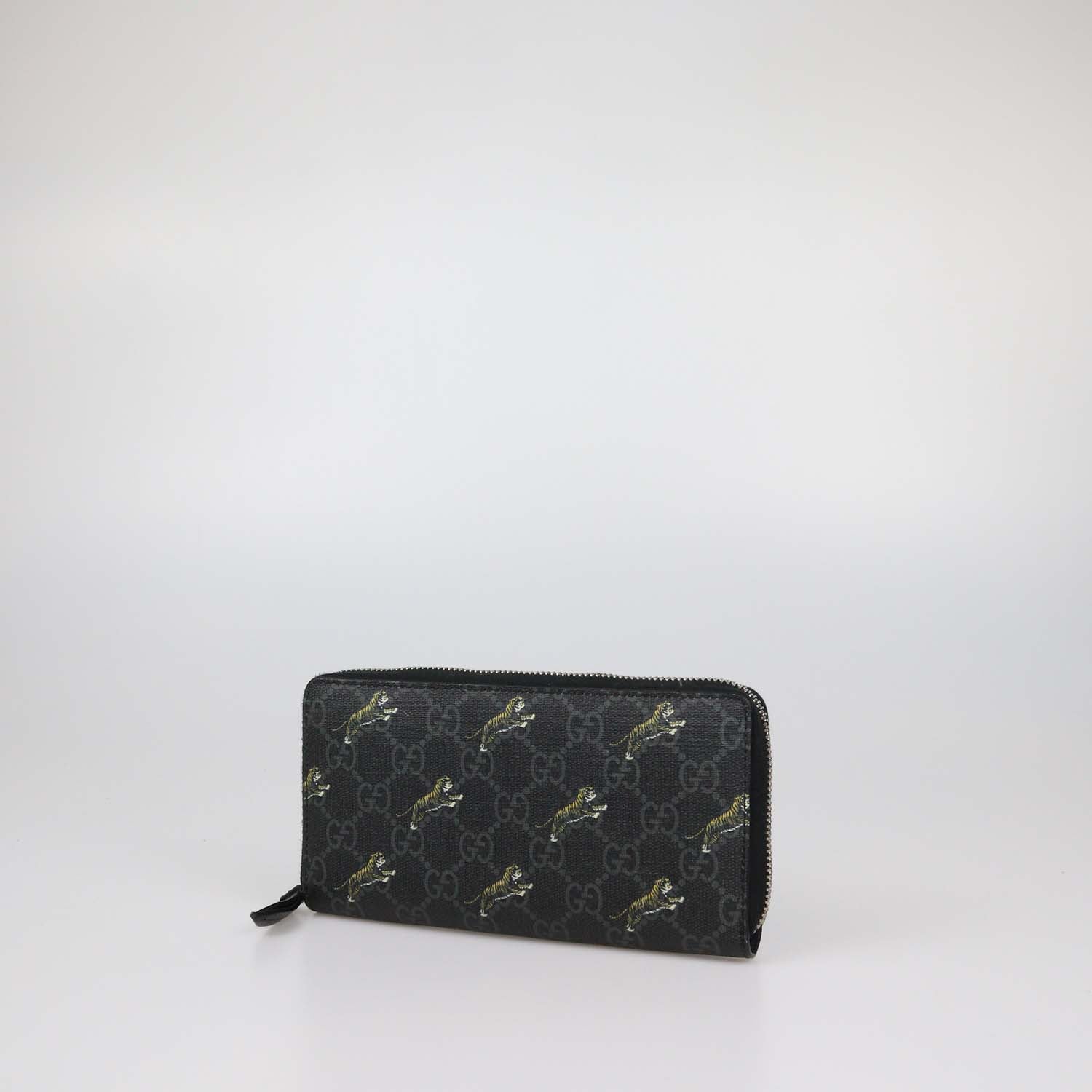 Gucci Black GG Supreme Canvas Tiger Print Zip Around Wallet