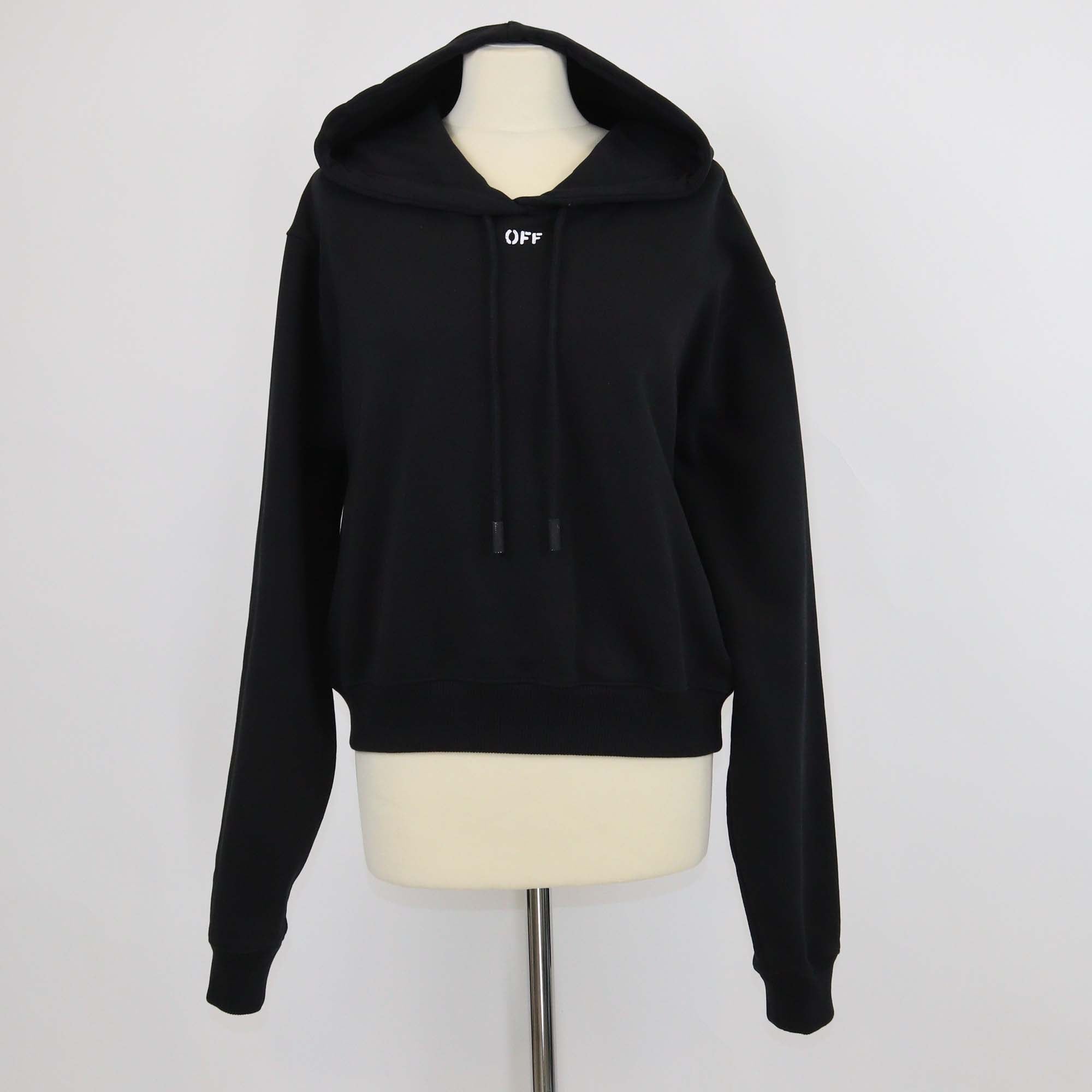 Off-White Black Cotton Logo Print Cropped Hoodie