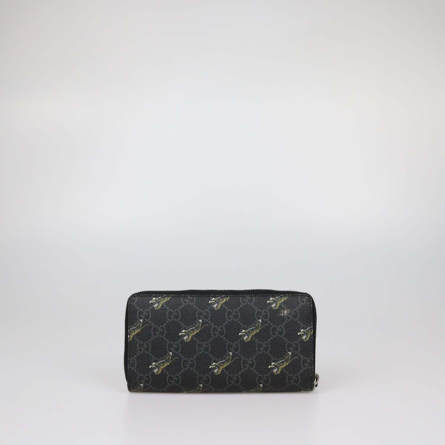 Gucci Black GG Supreme Canvas Tiger Print Zip Around Wallet