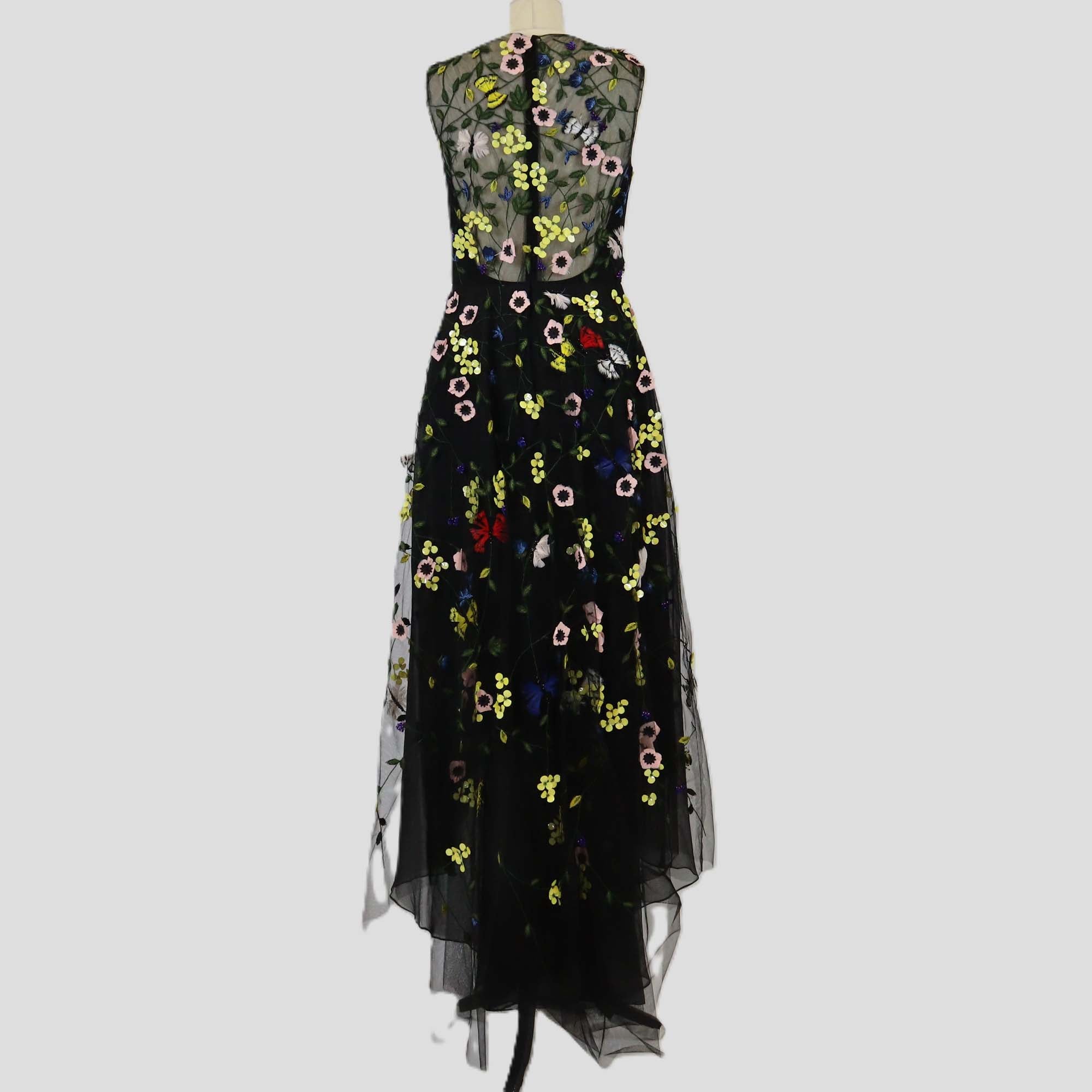 Monique Lhuillier Black Nylon Floral Applique Sleeveless Tulle Gown