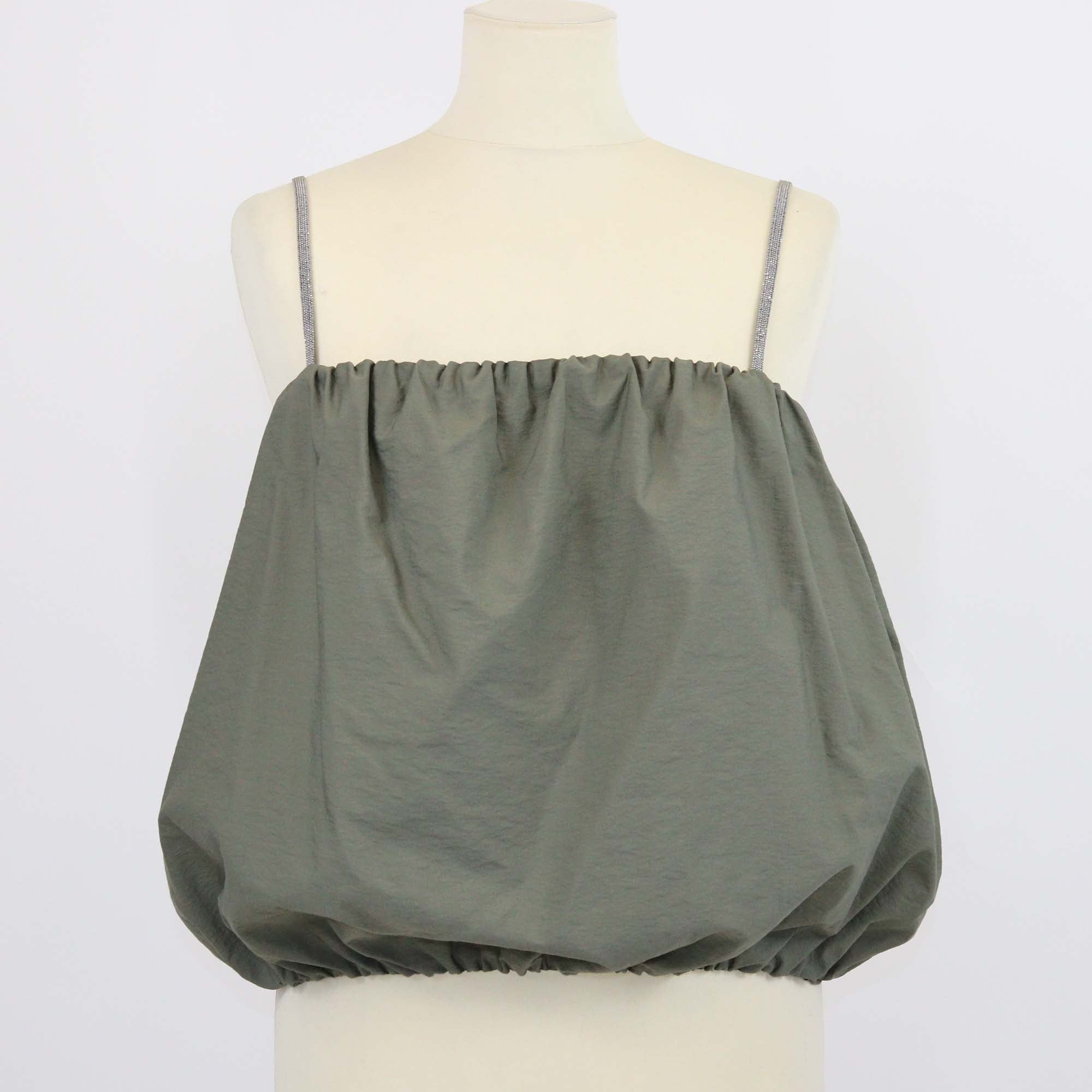 Brunello Cucinelli Army Green Cotton Beaded Balloon Crop Top