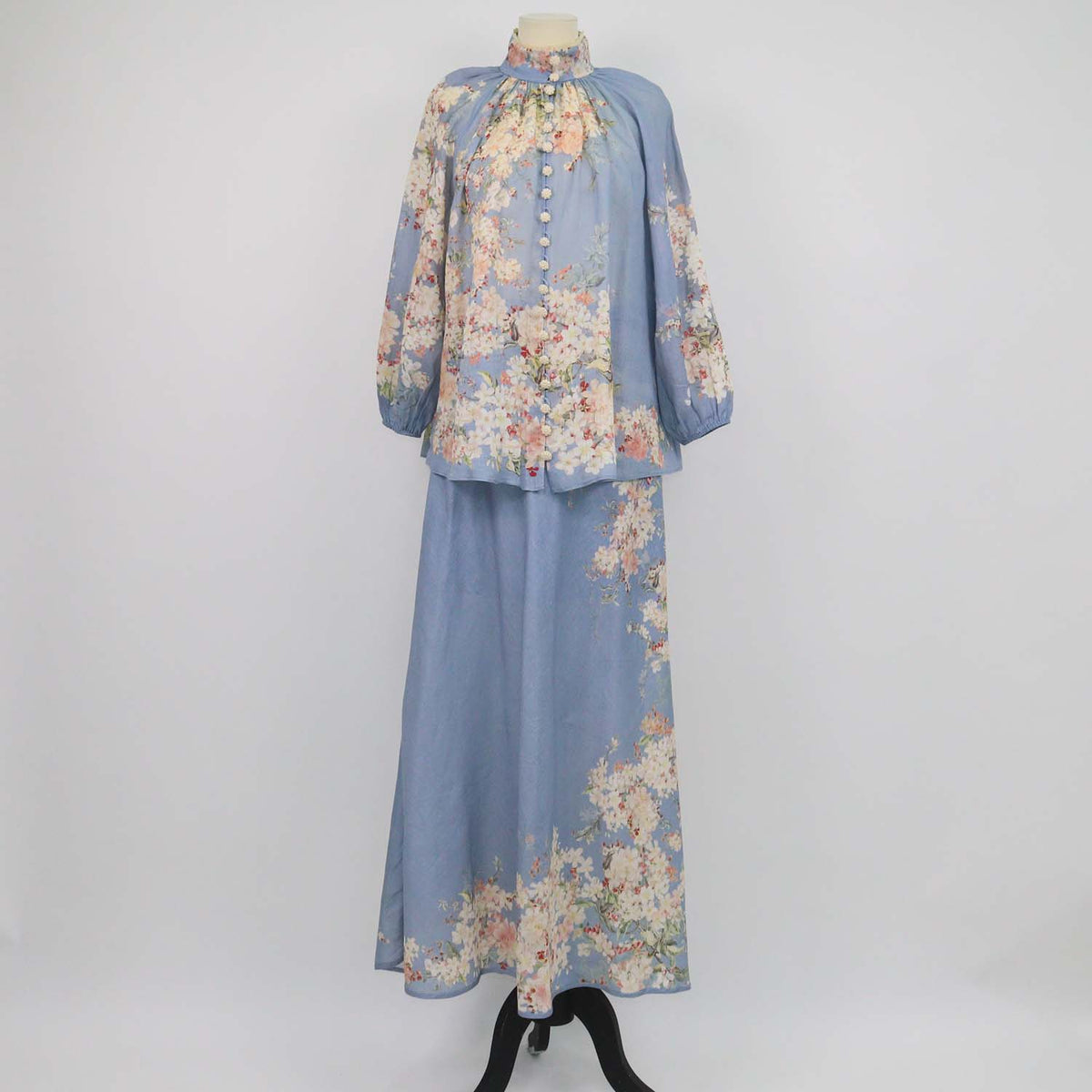 Zimmermann Blue Floral Print Ramie Cascadian Bias Blouse and Skirt Set