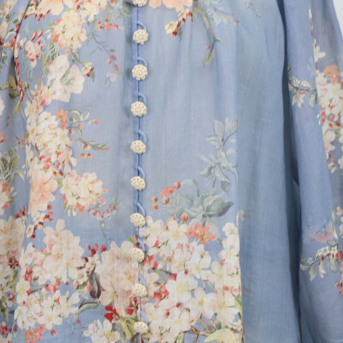 Zimmermann Blue Floral Print Ramie Cascadian Bias Blouse and Skirt Set