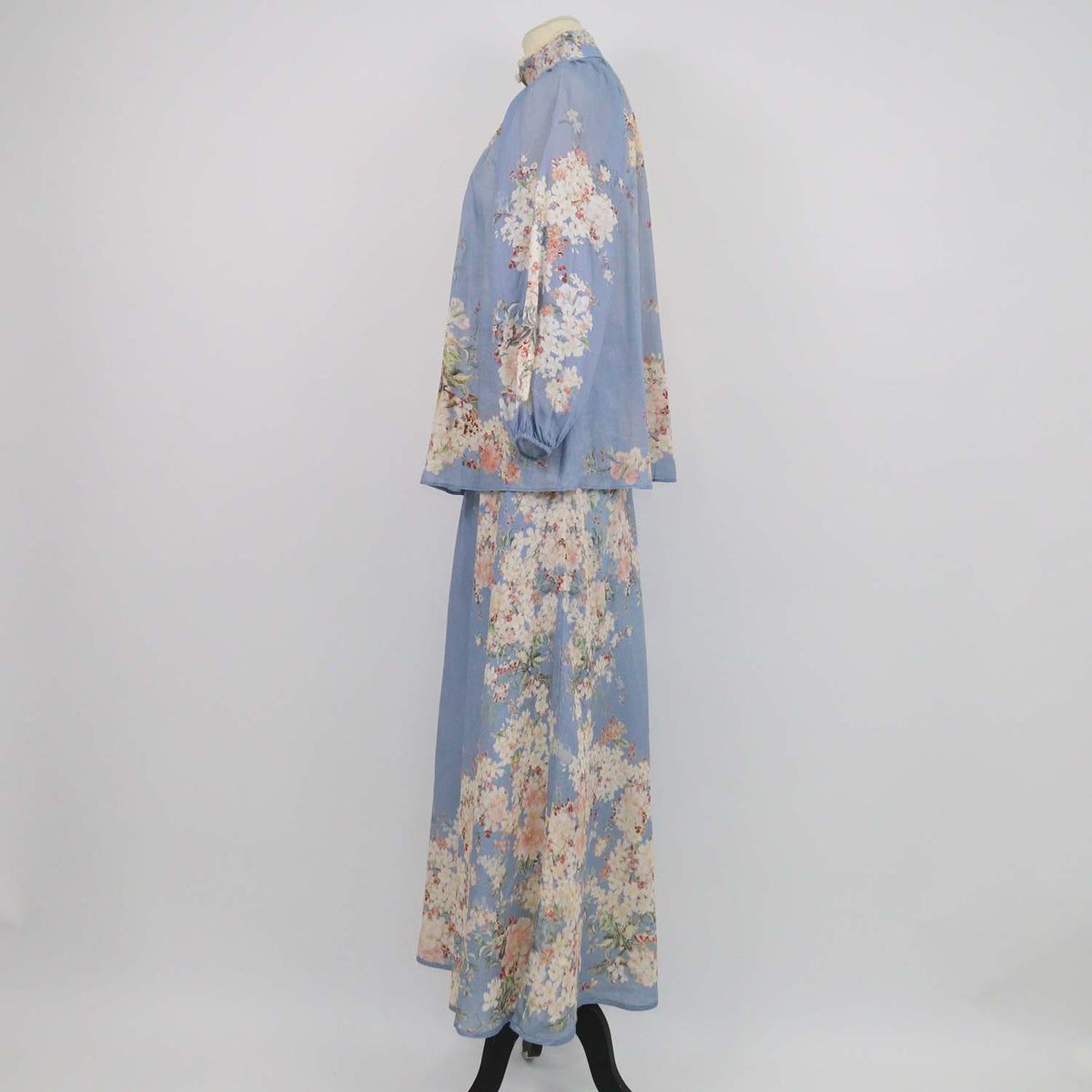 Zimmermann Blue Floral Print Ramie Cascadian Bias Blouse and Skirt Set