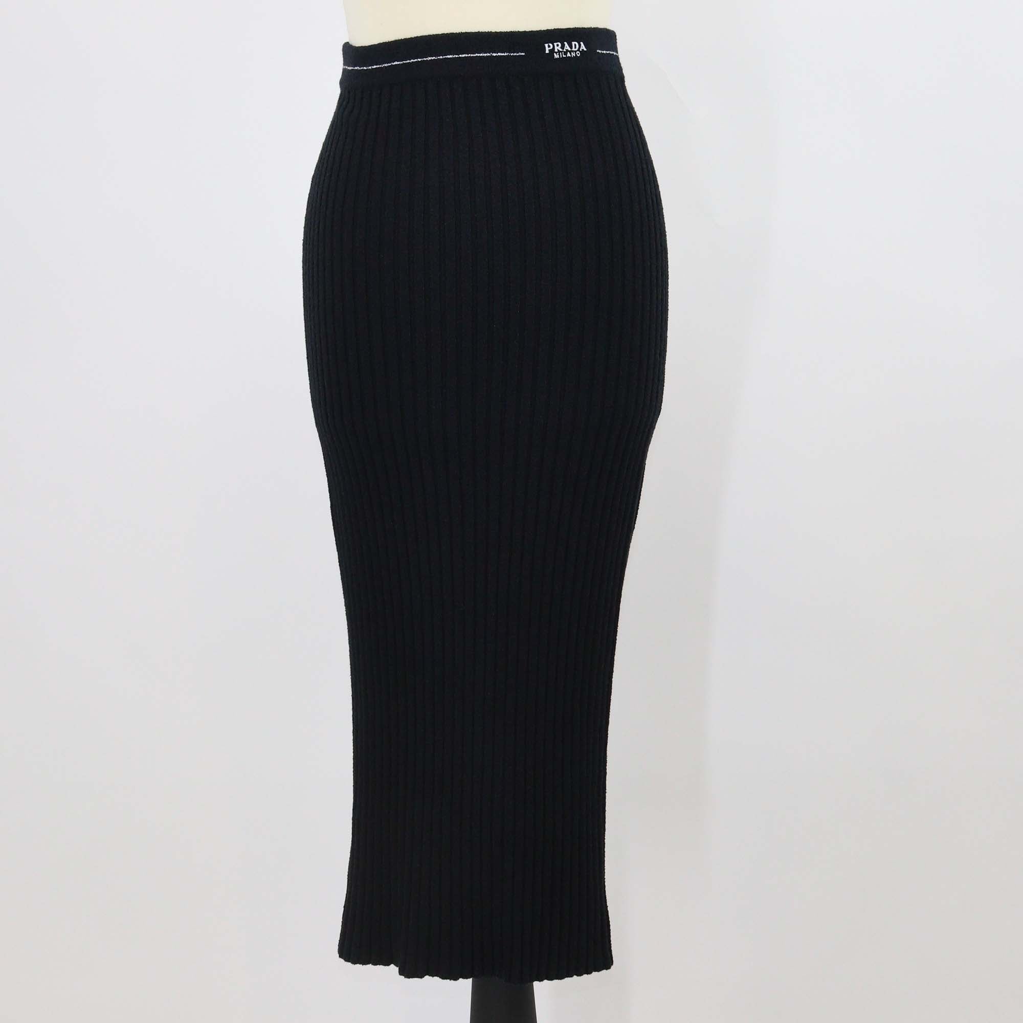 Prada Cotton Blended Knit Logo Embroidered Ribbed Midi Skirt