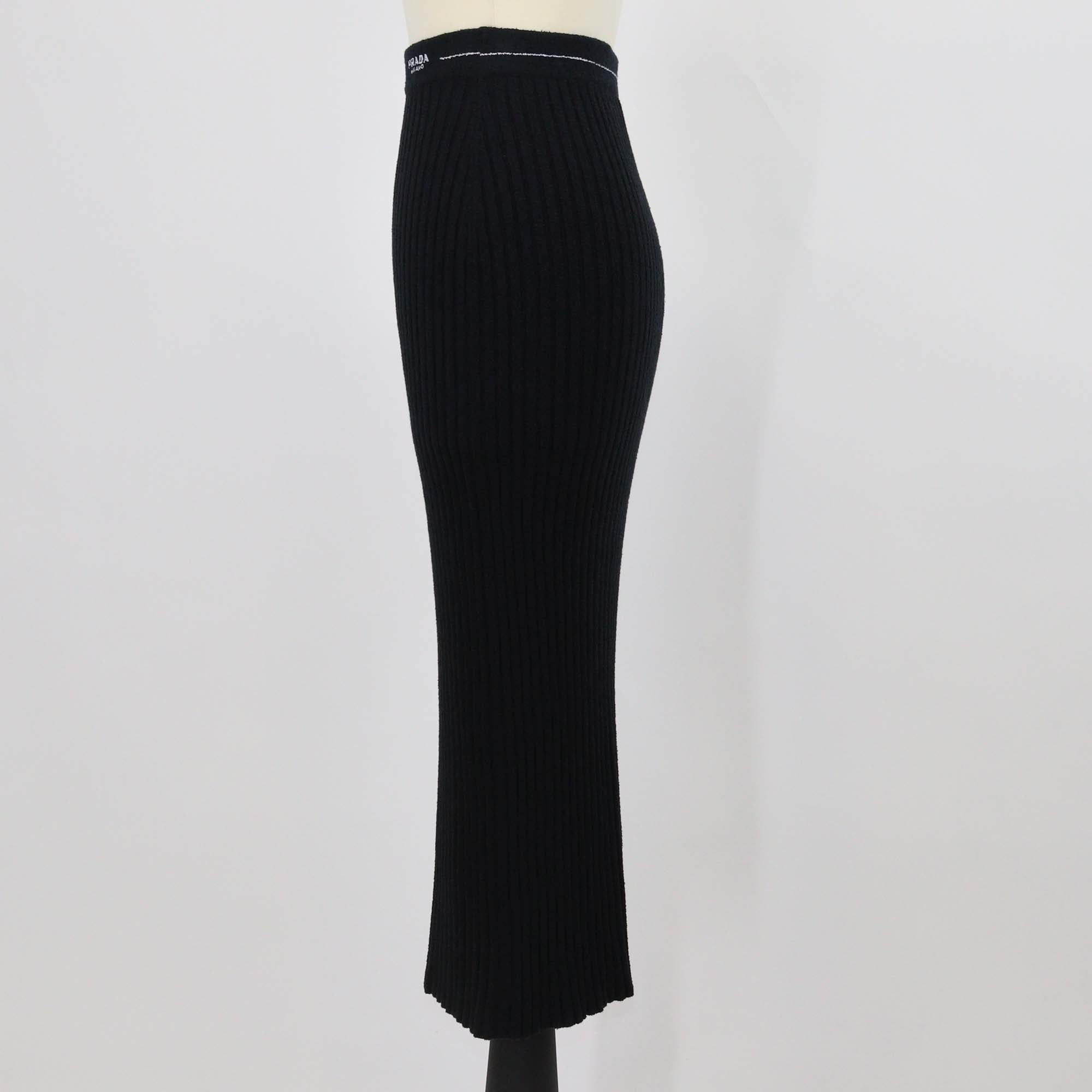 Prada Cotton Blended Knit Logo Embroidered Ribbed Midi Skirt