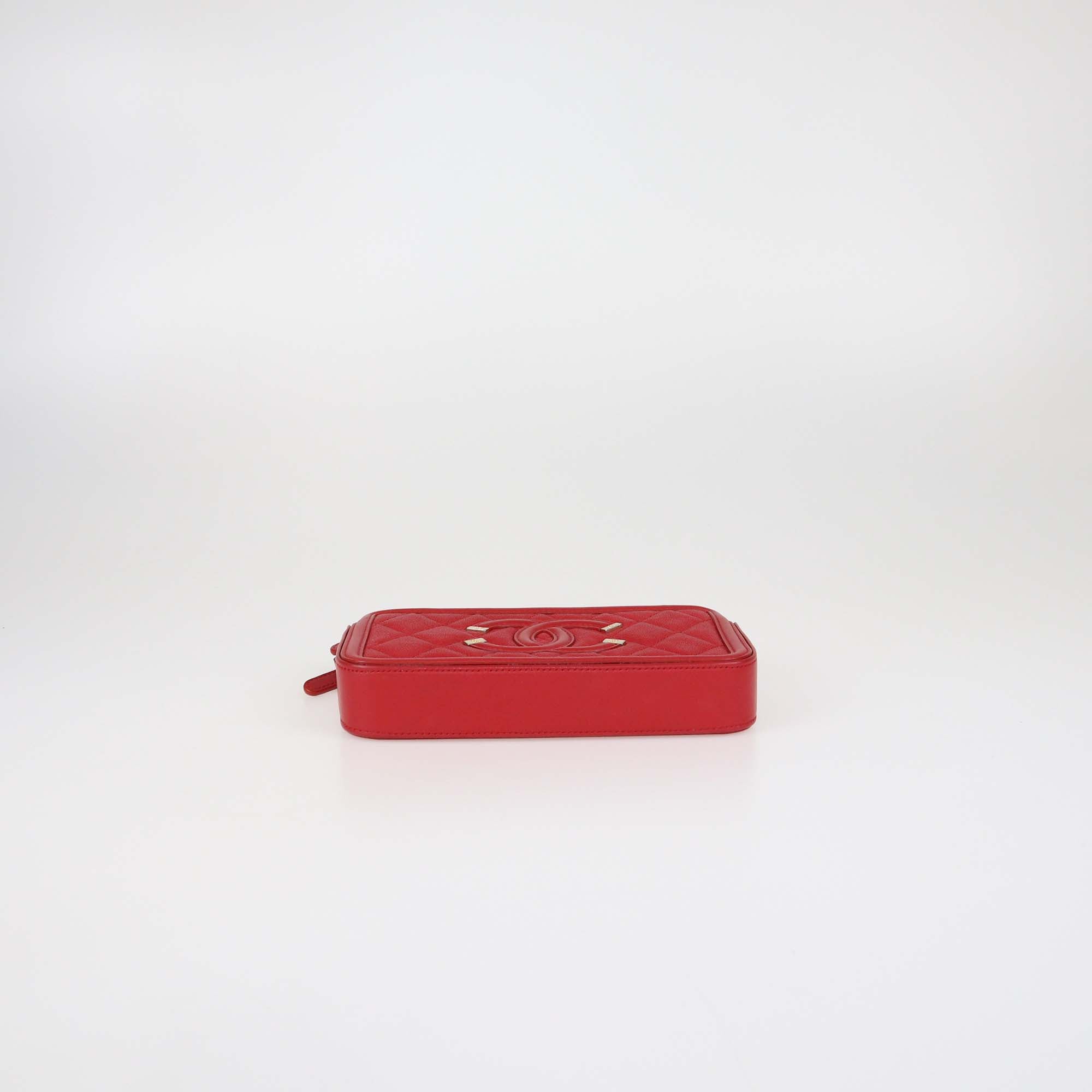 Chanel Red Quilted Caviar Leather Filigree Double Zip Chain Clutch