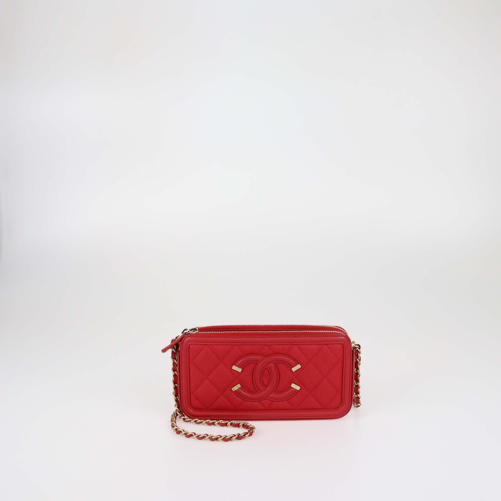 Chanel Red Quilted Caviar Leather Filigree Double Zip Chain Clutch