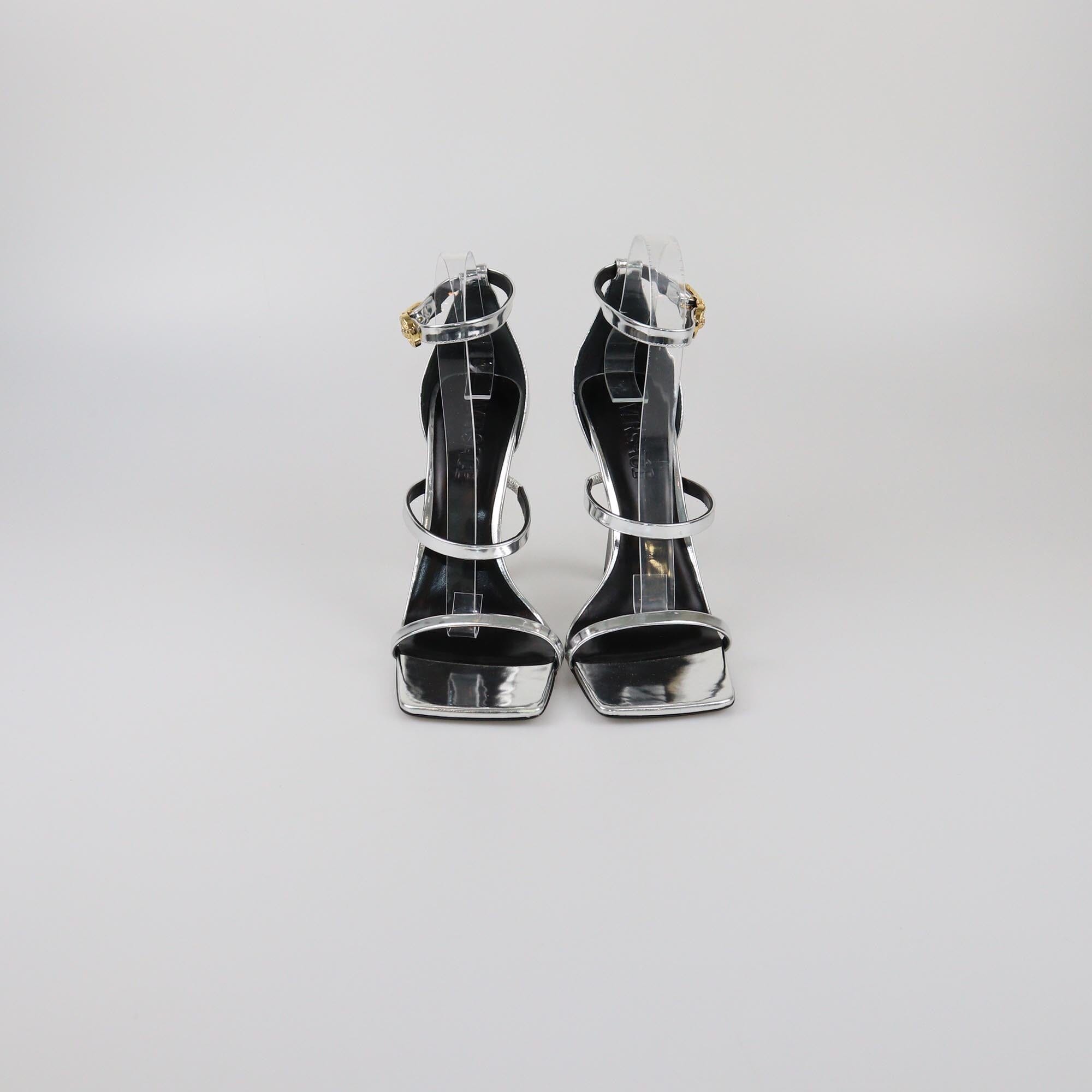 Versace Silver Safety Pin Ankle Strap Sandals Womens Versace