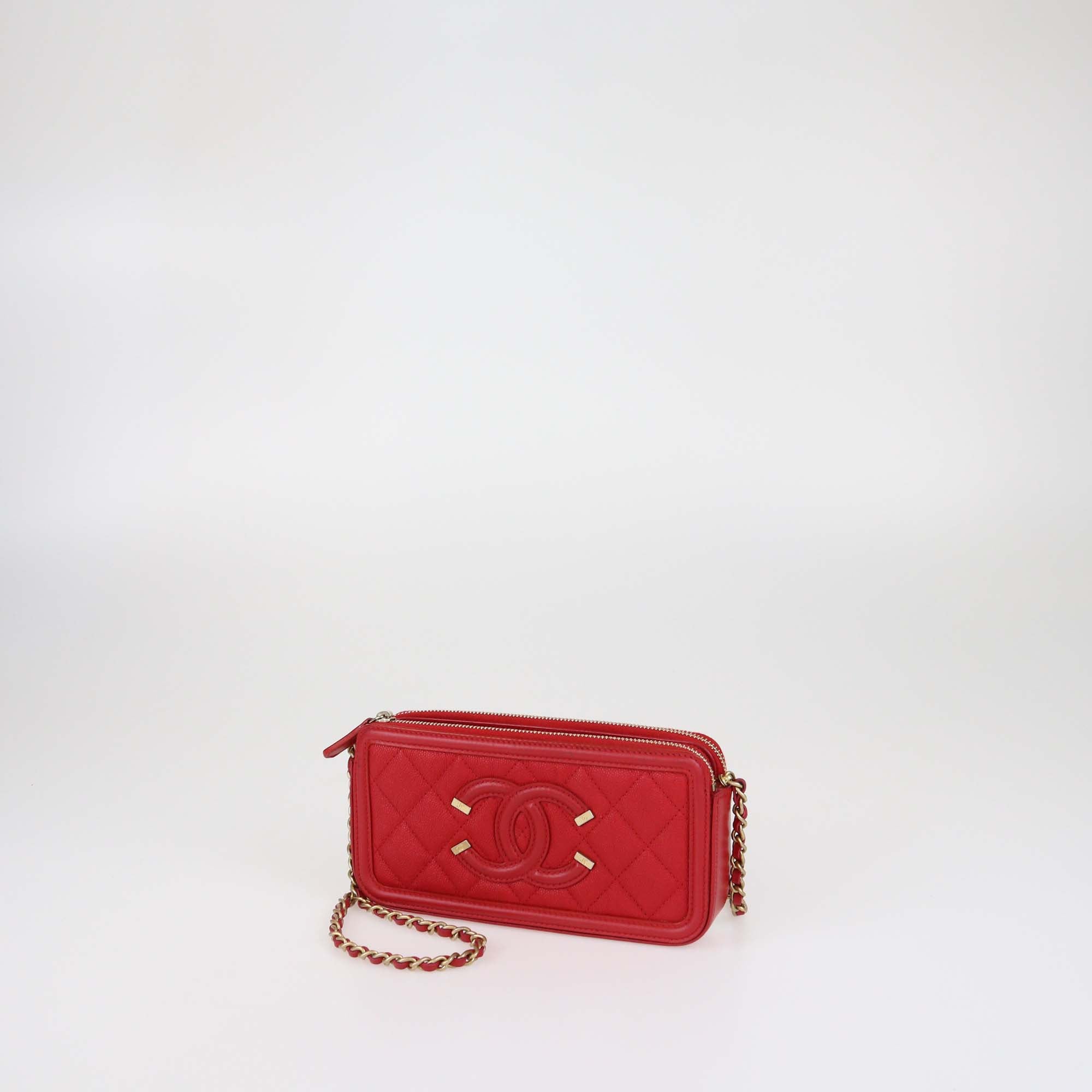 Chanel Red Quilted Caviar Leather Filigree Double Zip Chain Clutch
