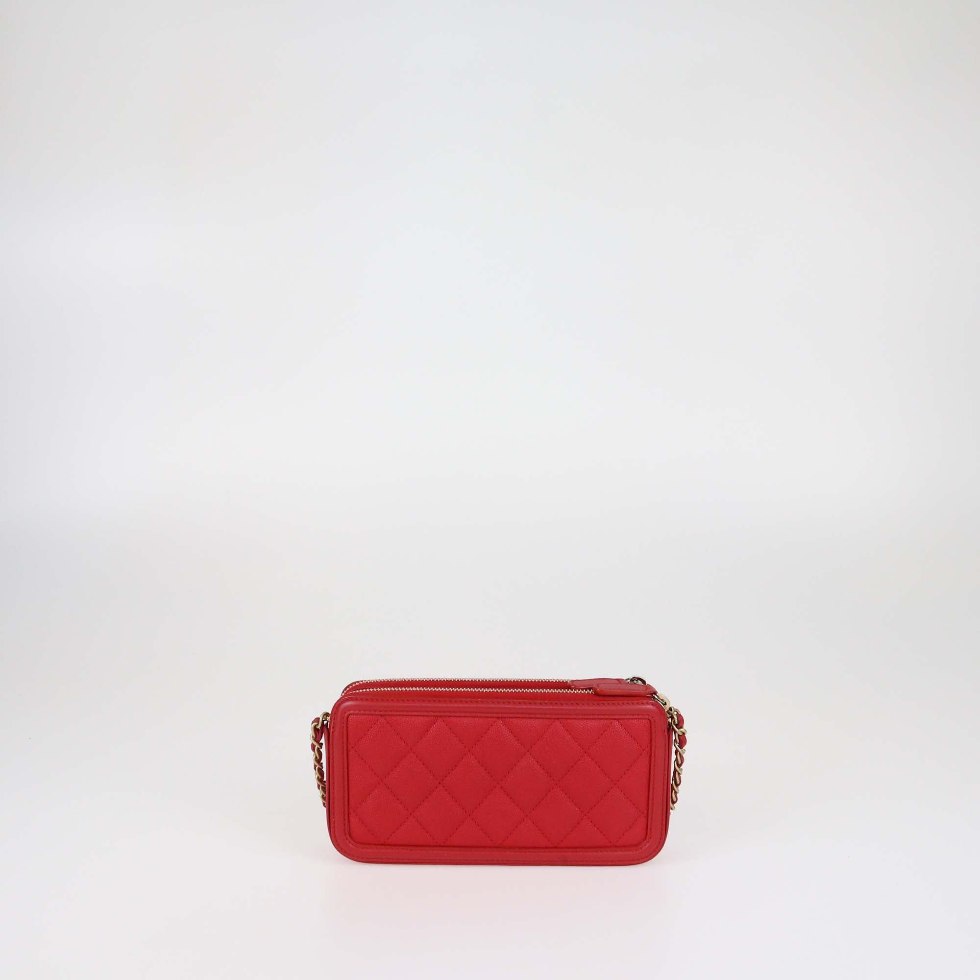 Chanel Red Quilted Caviar Leather Filigree Double Zip Chain Clutch