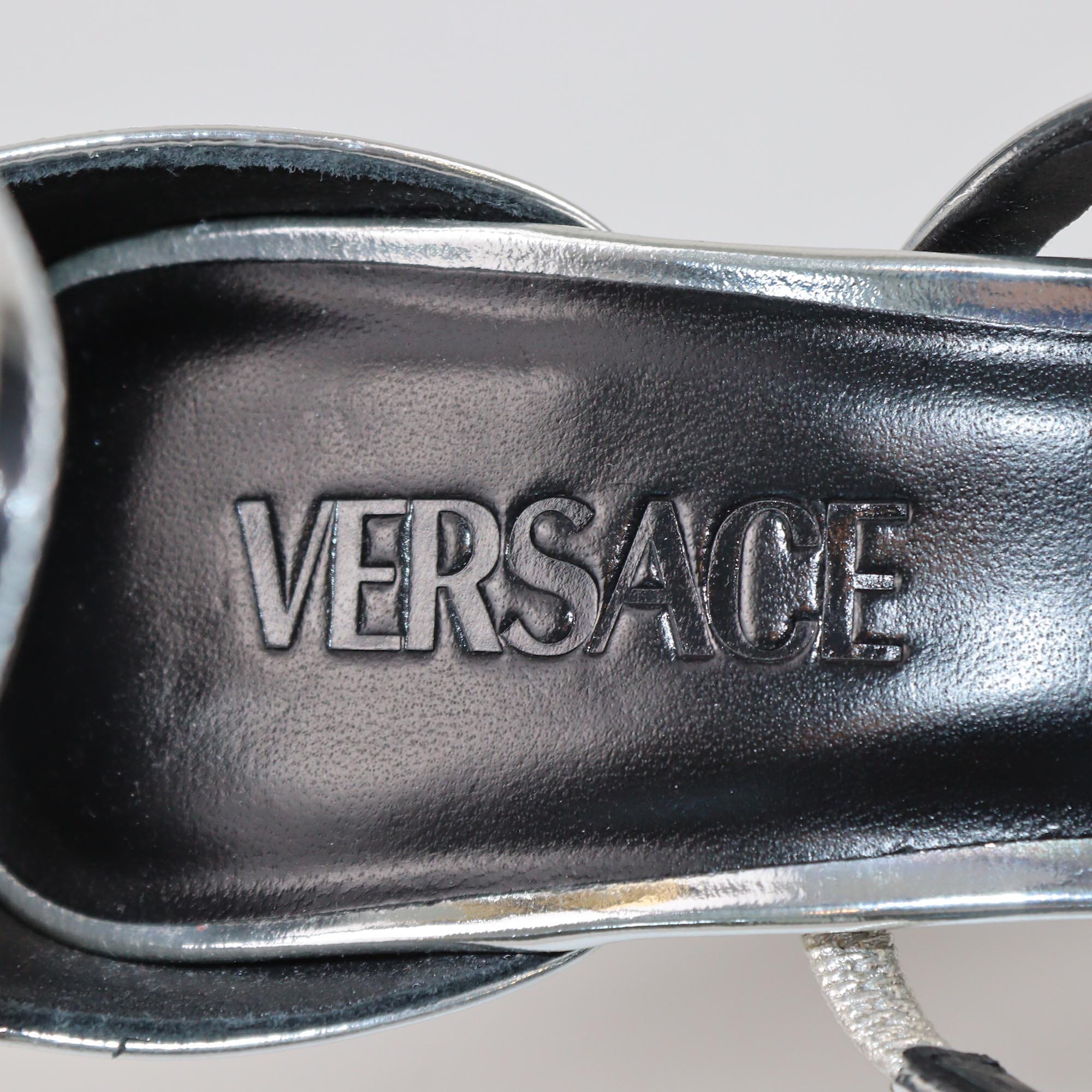 Versace Silver Safety Pin Ankle Strap Sandals Womens Versace