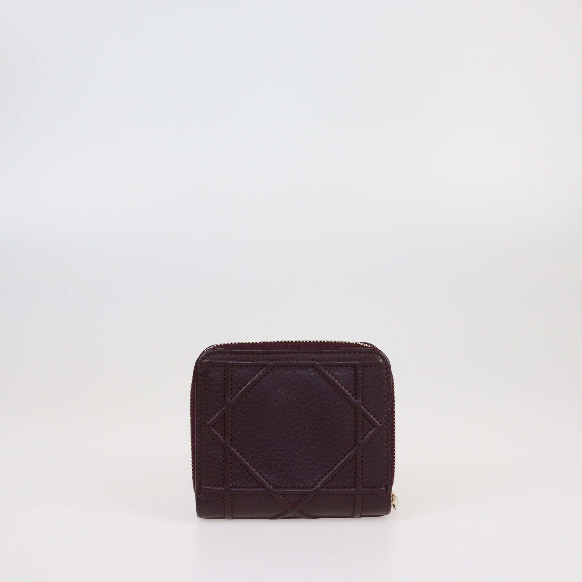 Christian Dior Burgundy Cannage Leather Diorama Zip Compact Wallet Womens Christian Dior