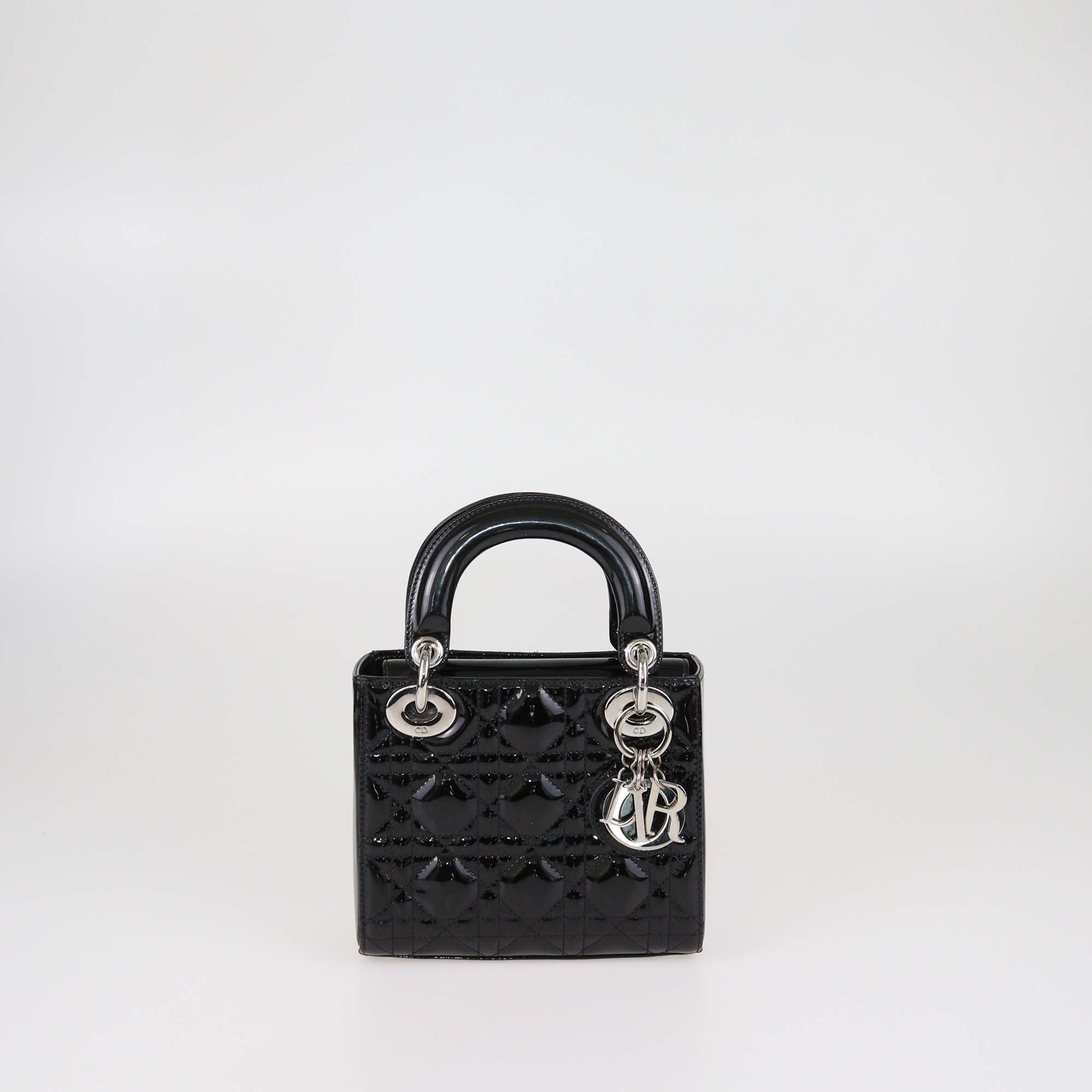 Christian Dior Black Cannage Patent Leather Mini Lady Dior Tote