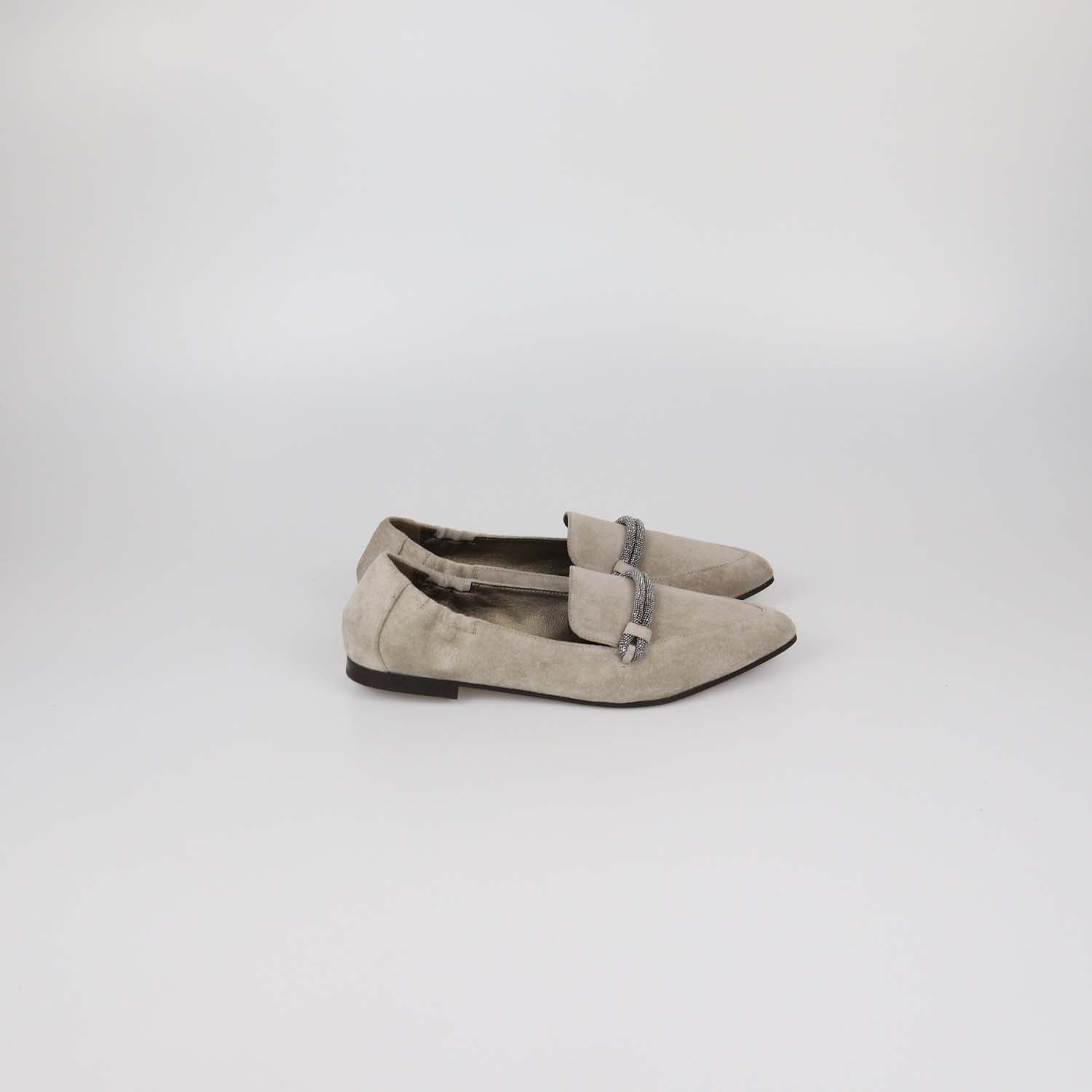 Brunello Cucinelli Grey Suede Embellished Pointed Toe Loafers