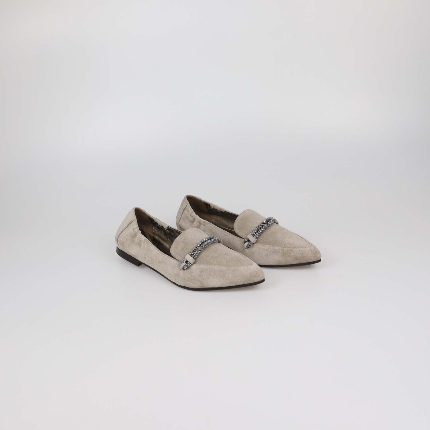 Brunello Cucinelli Grey Suede Embellished Pointed Toe Loafers
