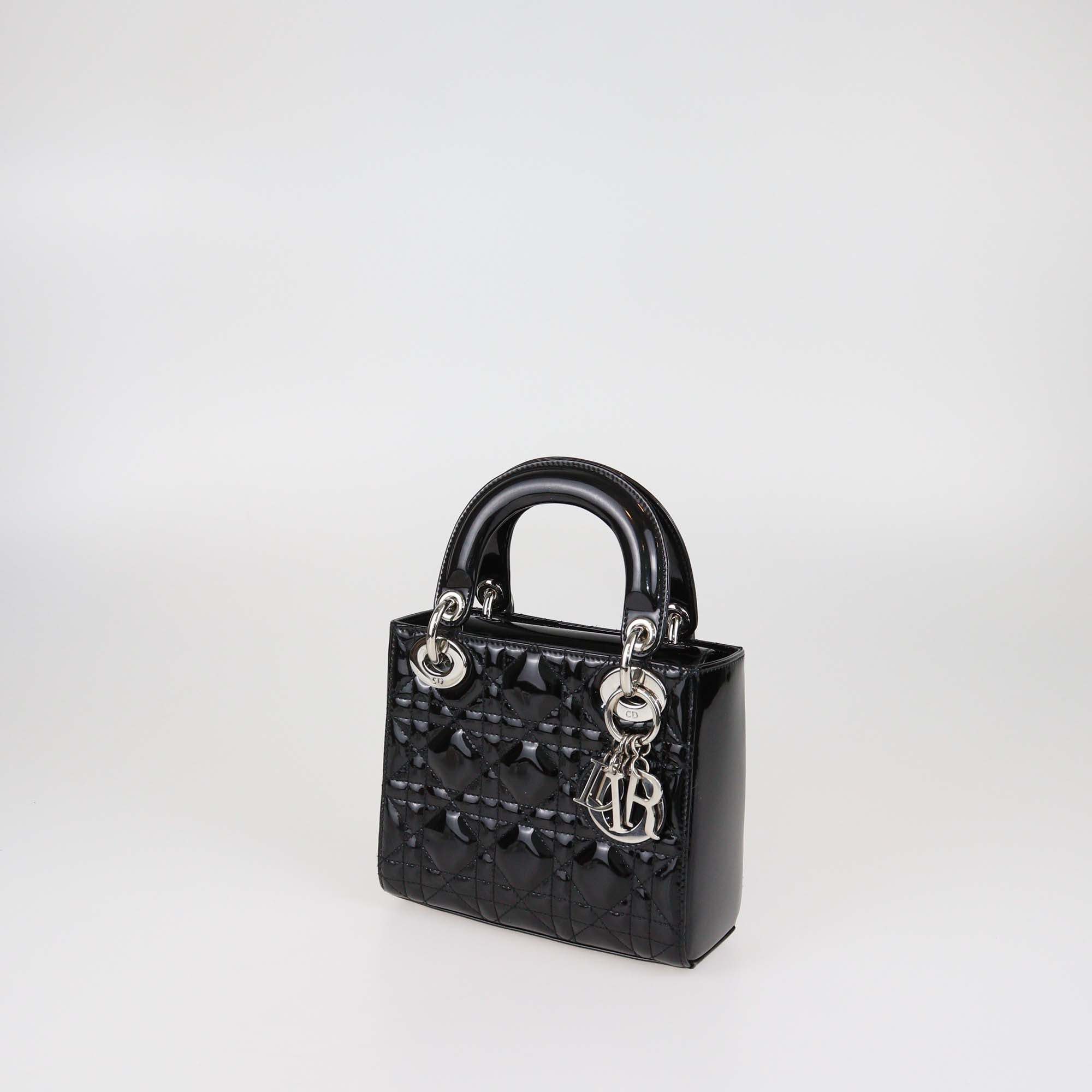 Christian Dior Black Cannage Patent Leather Mini Lady Dior Tote