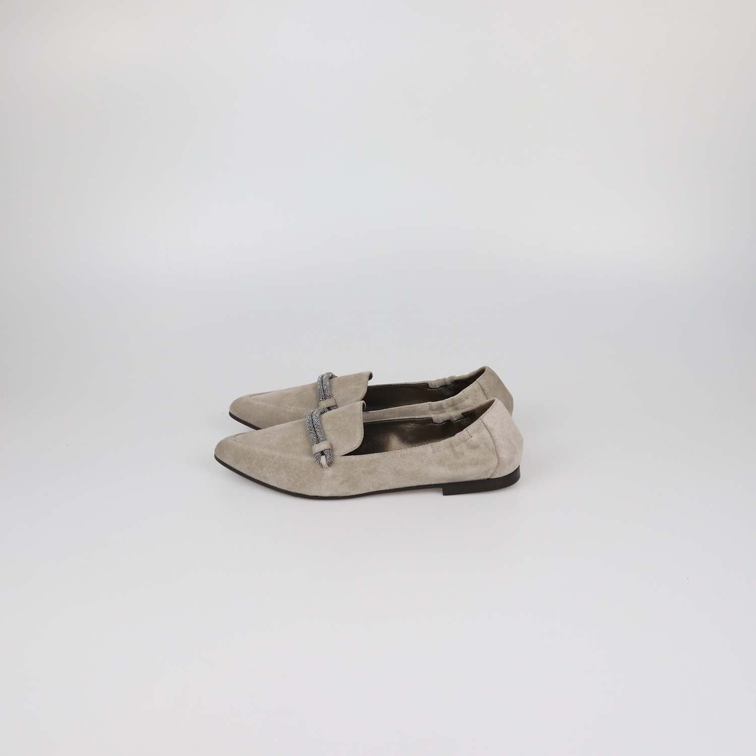Brunello Cucinelli Grey Suede Embellished Pointed Toe Loafers