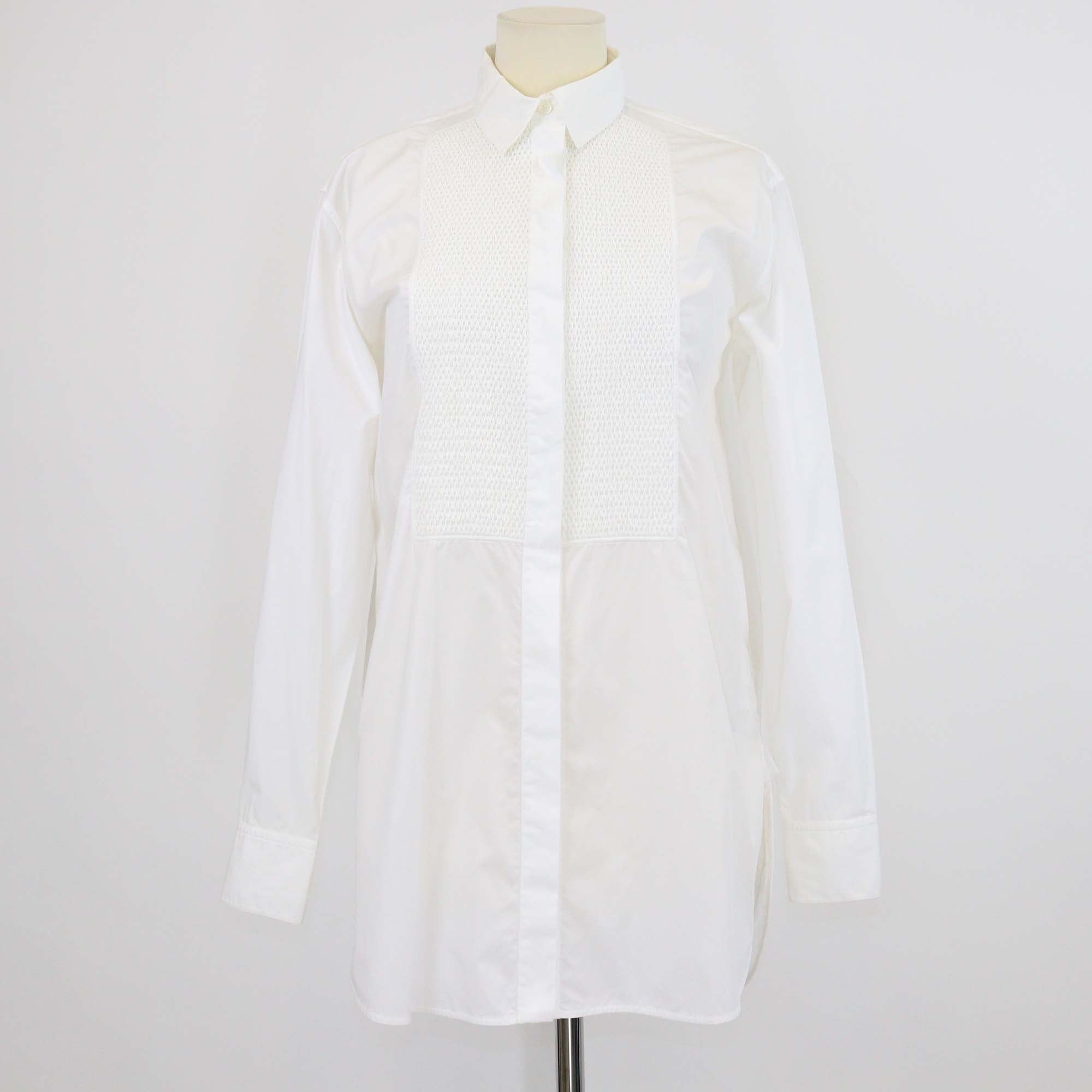 Celine White Cotton Poplin Textured Detail Long Sleeve Shirt
