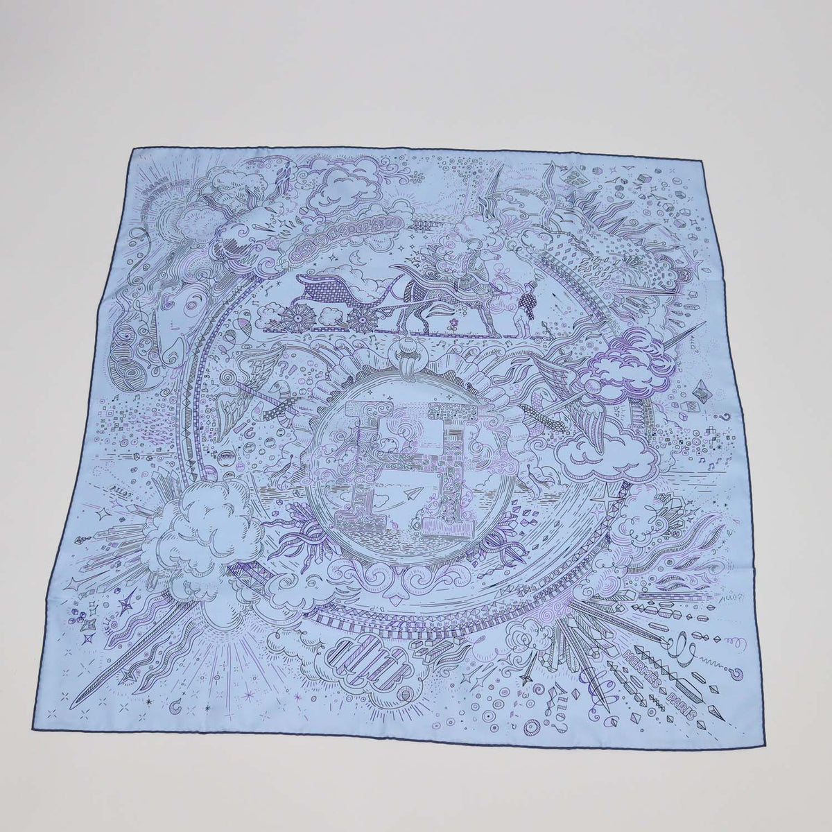 Hermes Blue Ciel, Encre, Violet Silk Please Hold The Line Scarf 90