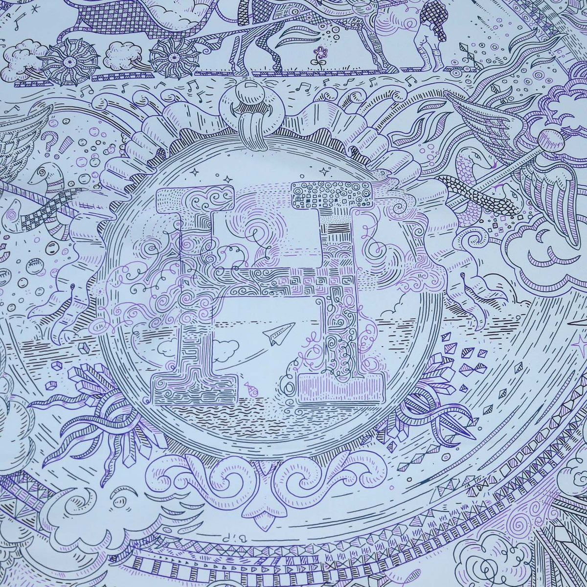 Hermes Blue Ciel, Encre, Violet Silk Please Hold The Line Scarf 90