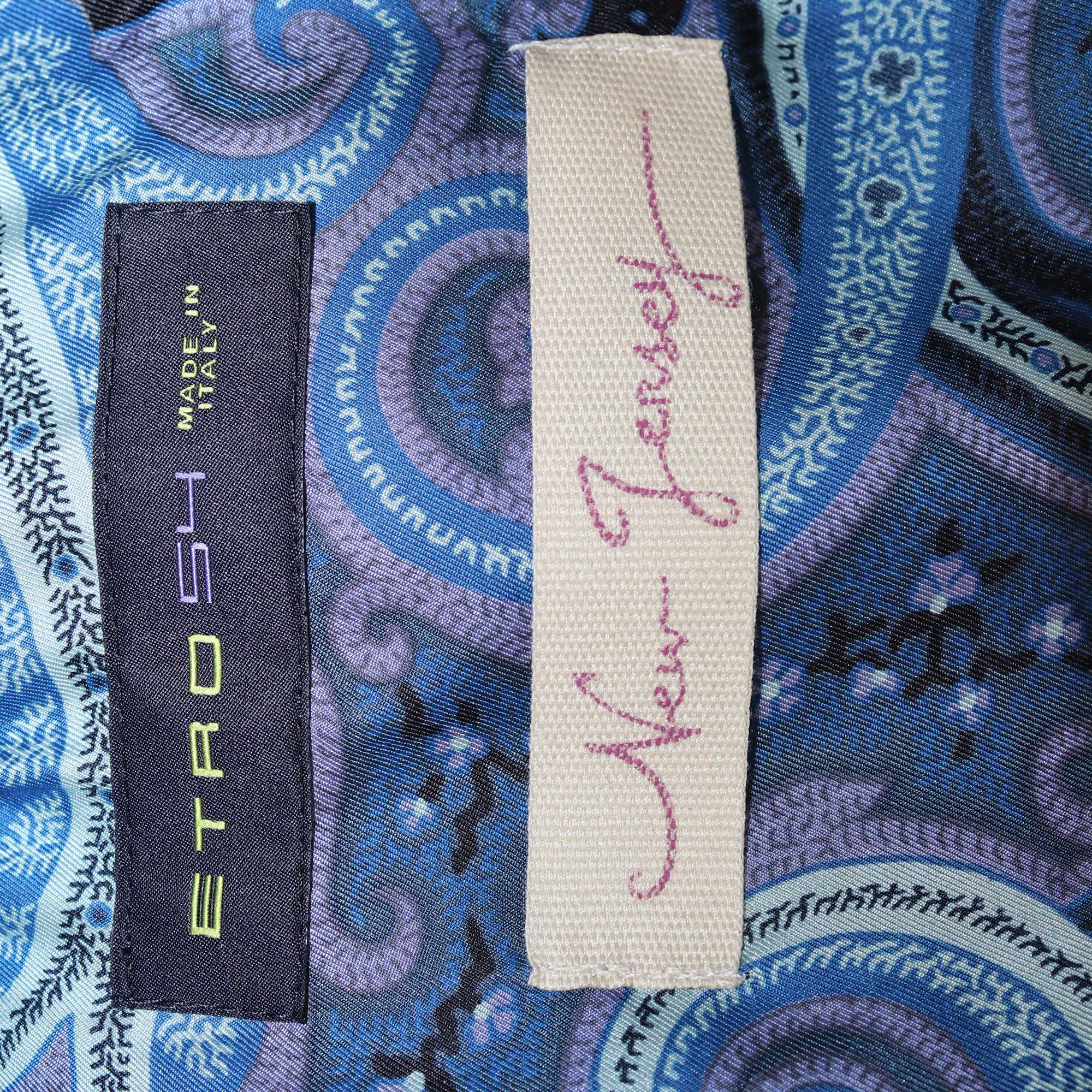 Etro Navy Blue Cotton Paisley Print Single Breasted Blazer