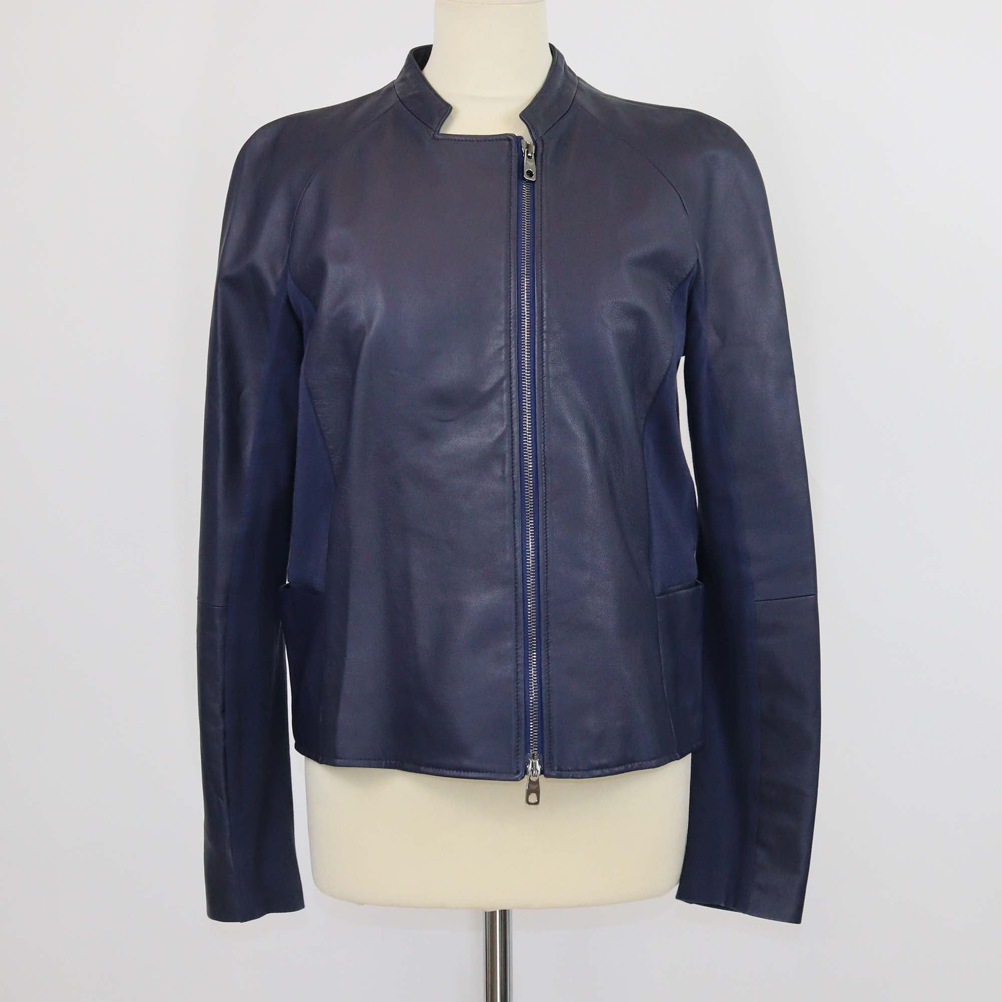 Emporio Armani Navy Blue Leather Cotton Blend Long Sleeve Jacket