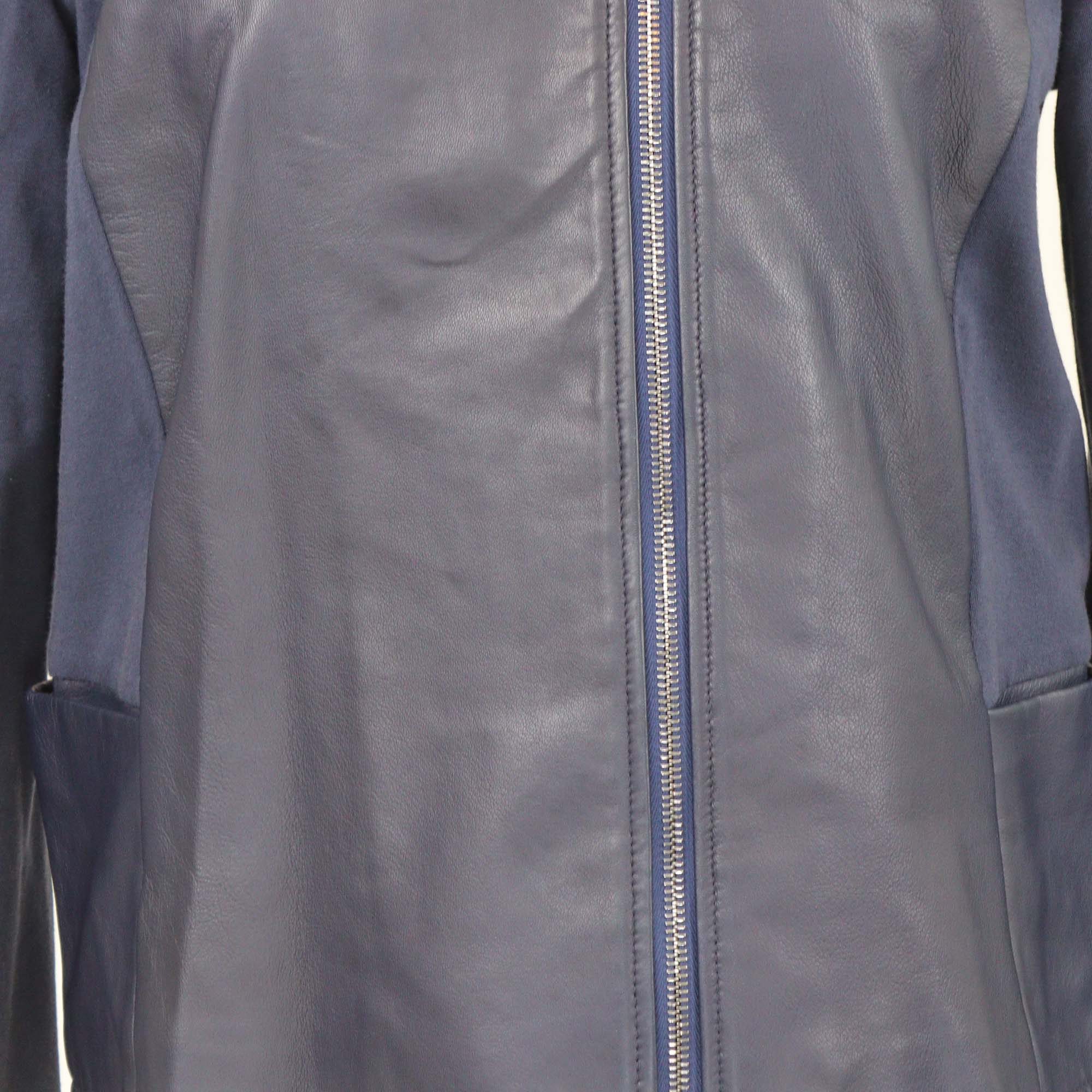 Emporio Armani Navy Blue Leather Cotton Blend Long Sleeve Jacket