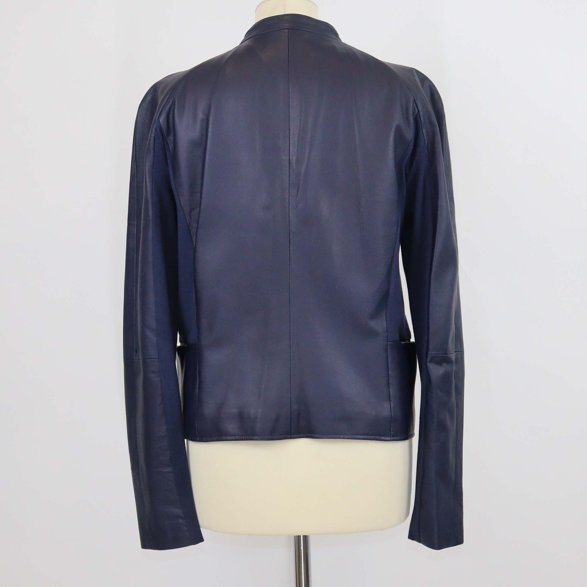 Emporio Armani Navy Blue Leather Cotton Blend Long Sleeve Jacket