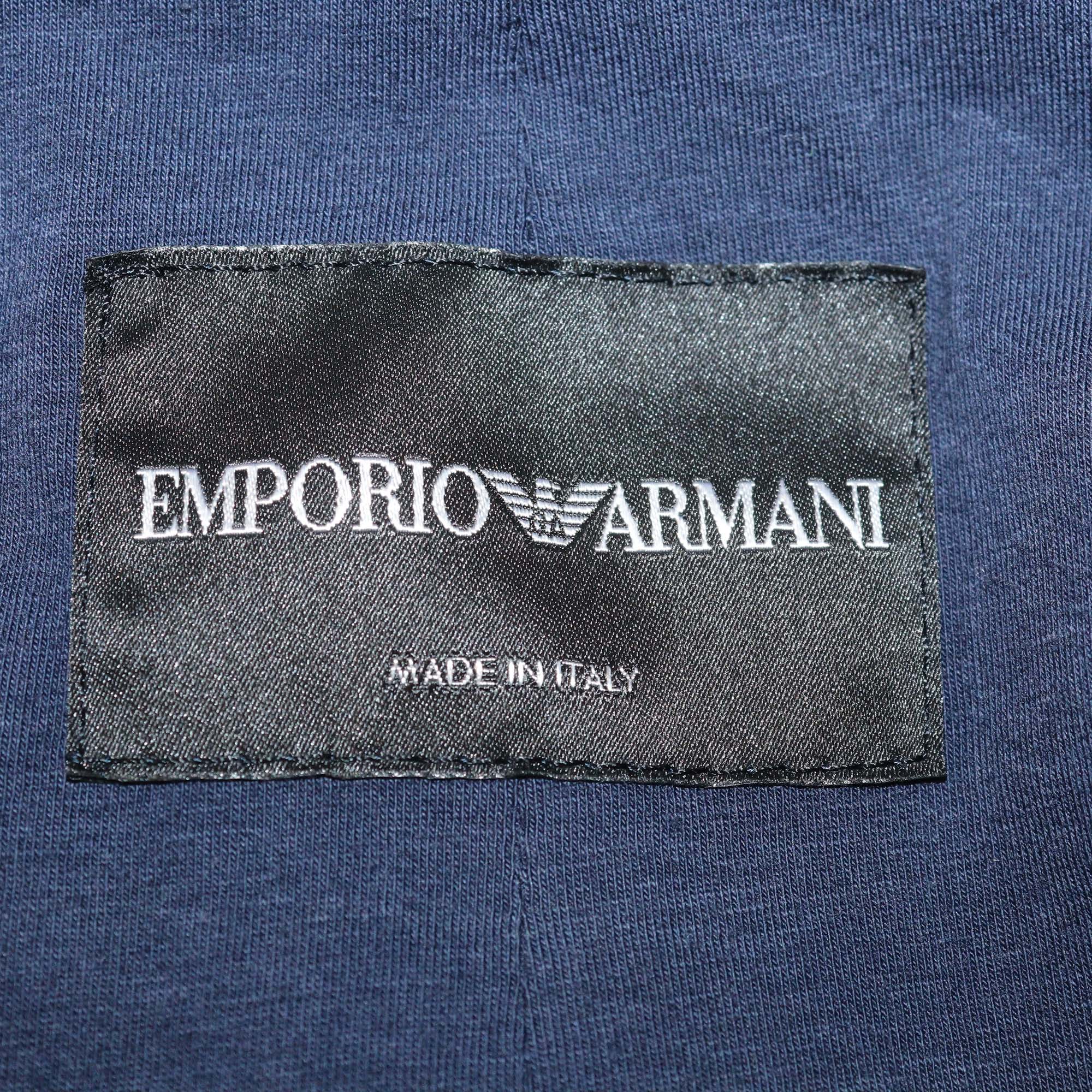Emporio Armani Navy Blue Leather Cotton Blend Long Sleeve Jacket
