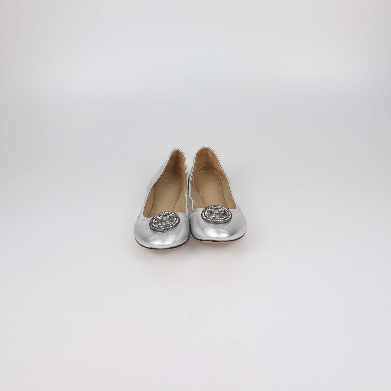 Tory Burch Silver Leather Crystal Logo Ballet Flats