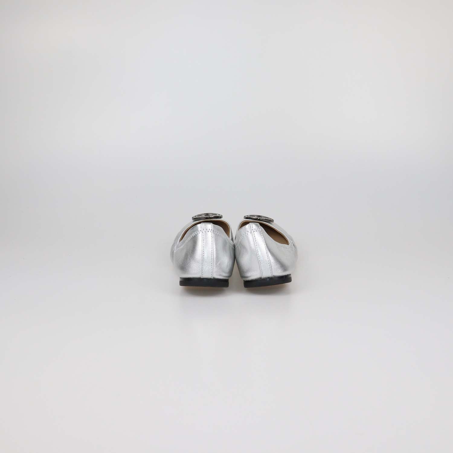 Tory Burch Silver Leather Crystal Logo Ballet Flats