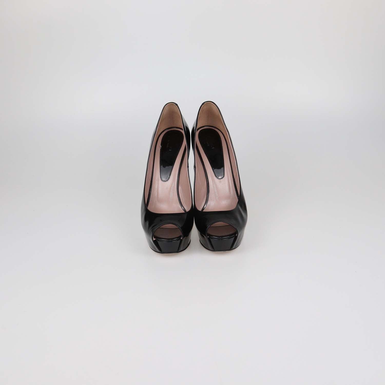 Gucci Black Patent Leather Platform Peep Toe Pumps