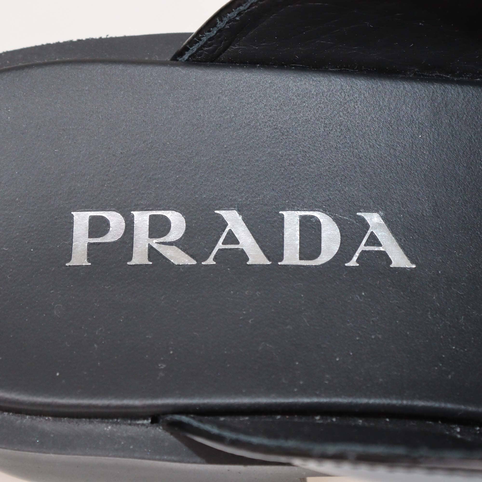Prada Black Brushed Leather Logo Mules Womens Prada