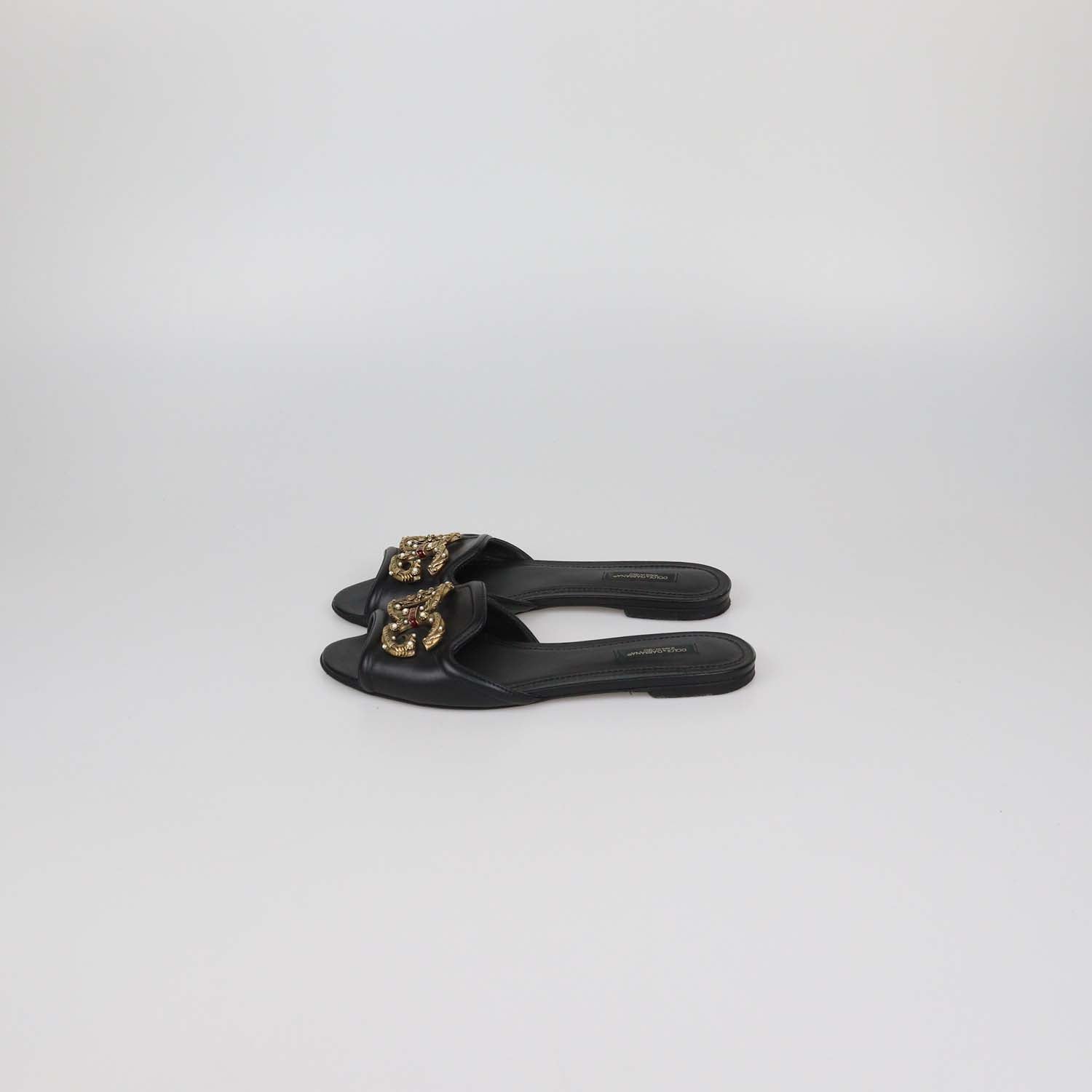 Dolce & Gabbana Black Leather DG Amore Flat Slides